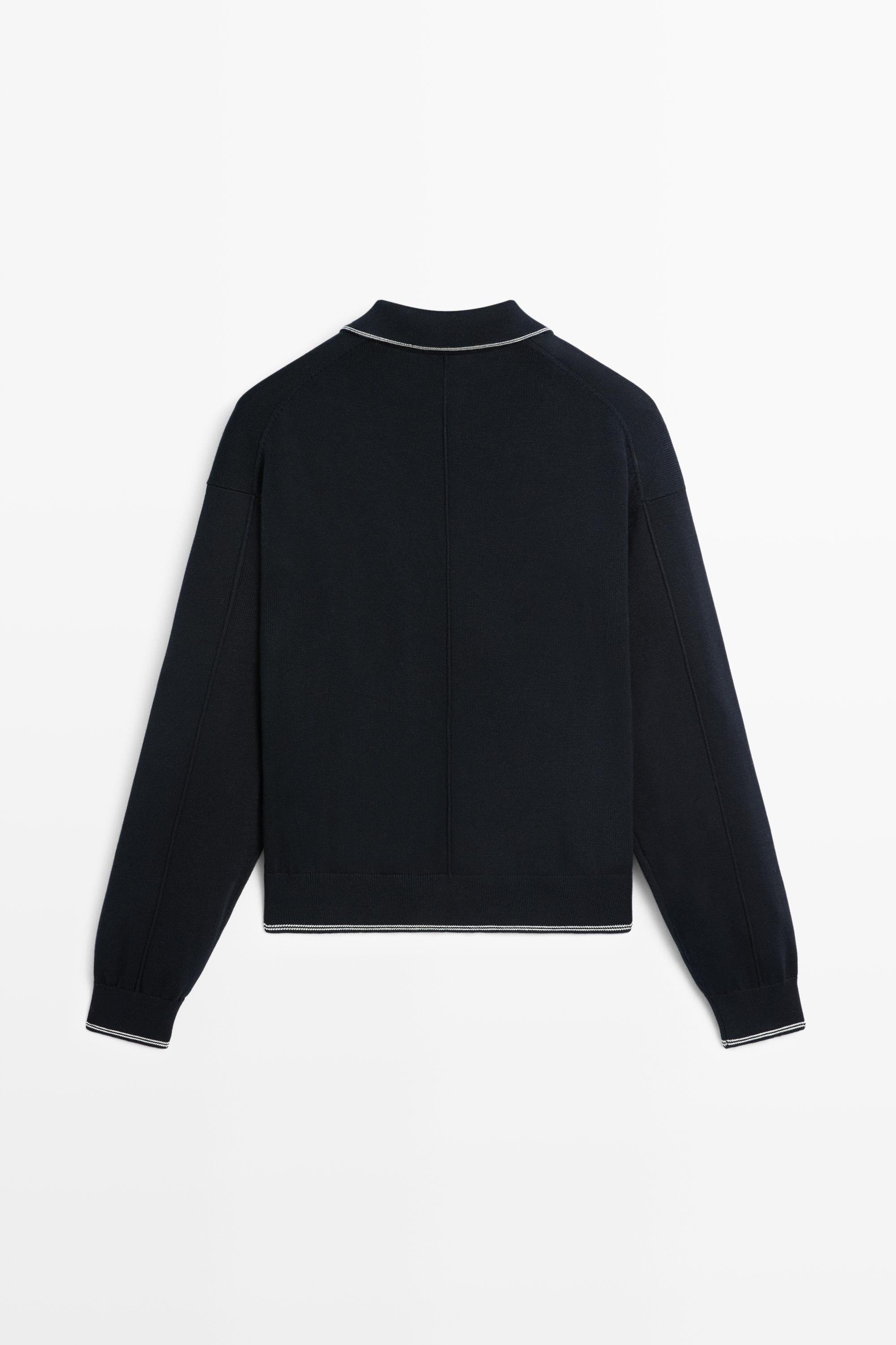 100% cotton contrast polo collar cardigan — NAVY BLUE