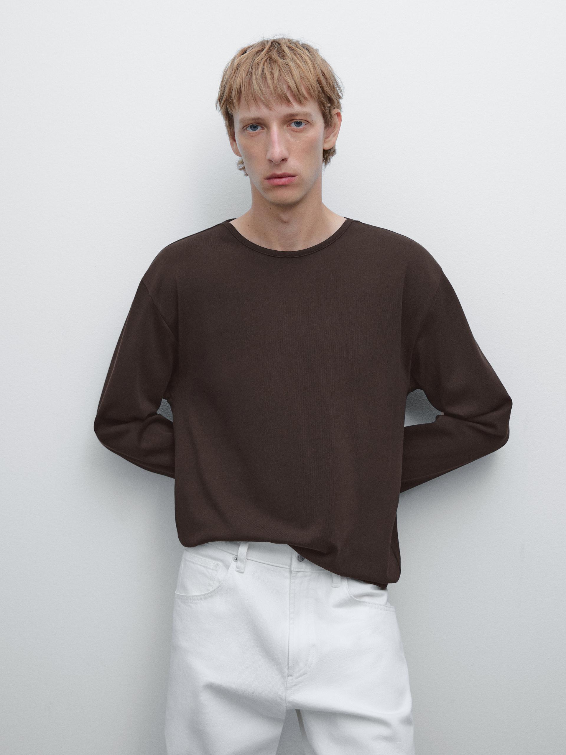 Maglietta A Maniche Lunghe Heavy Weight - Cioccolato - L - Massimo Dutti - Maschile
