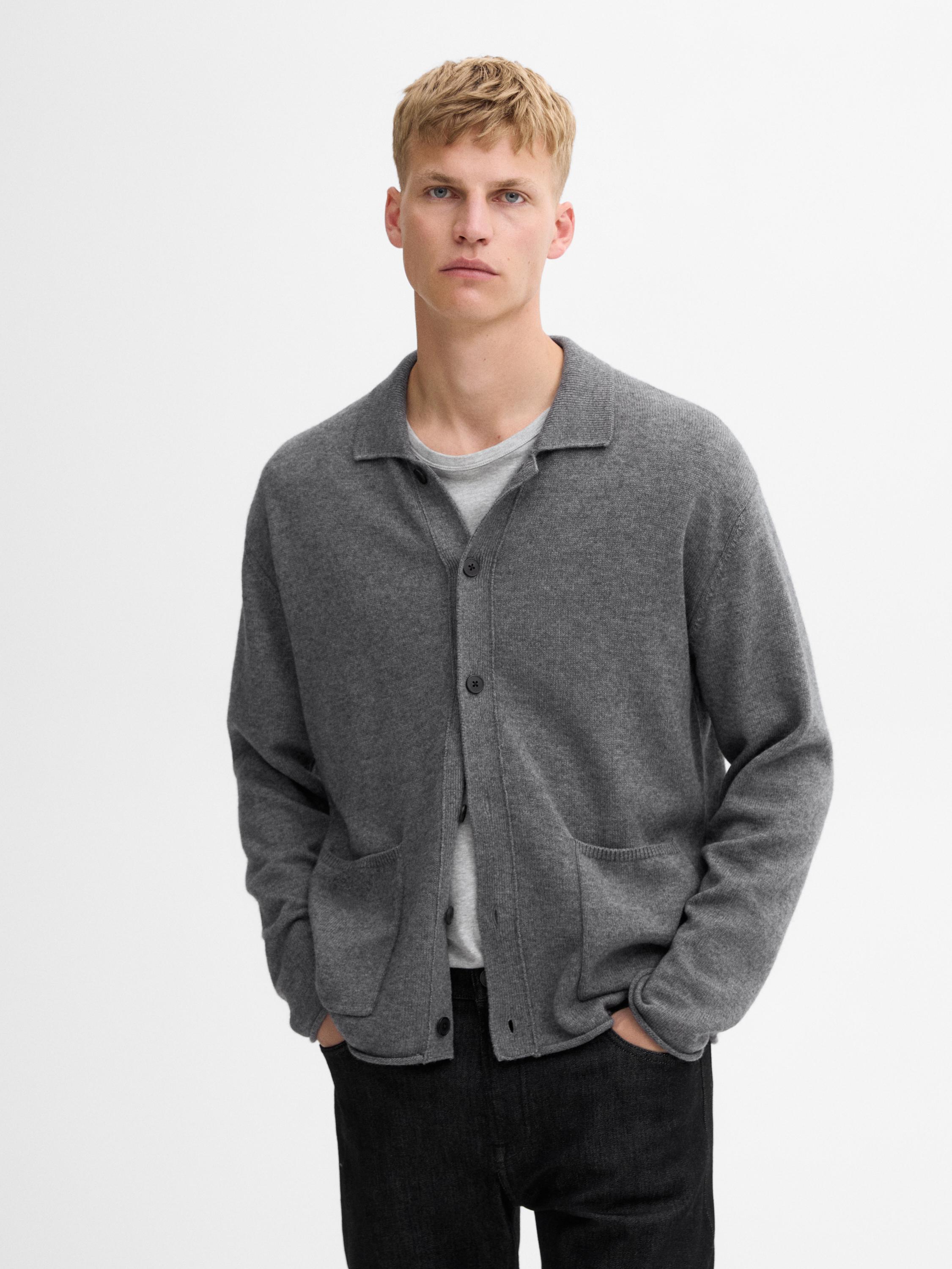 Wool blend cardigan with pocket details Anthracite Grey Cream Sweaters And Cardigans Massimo Dutti