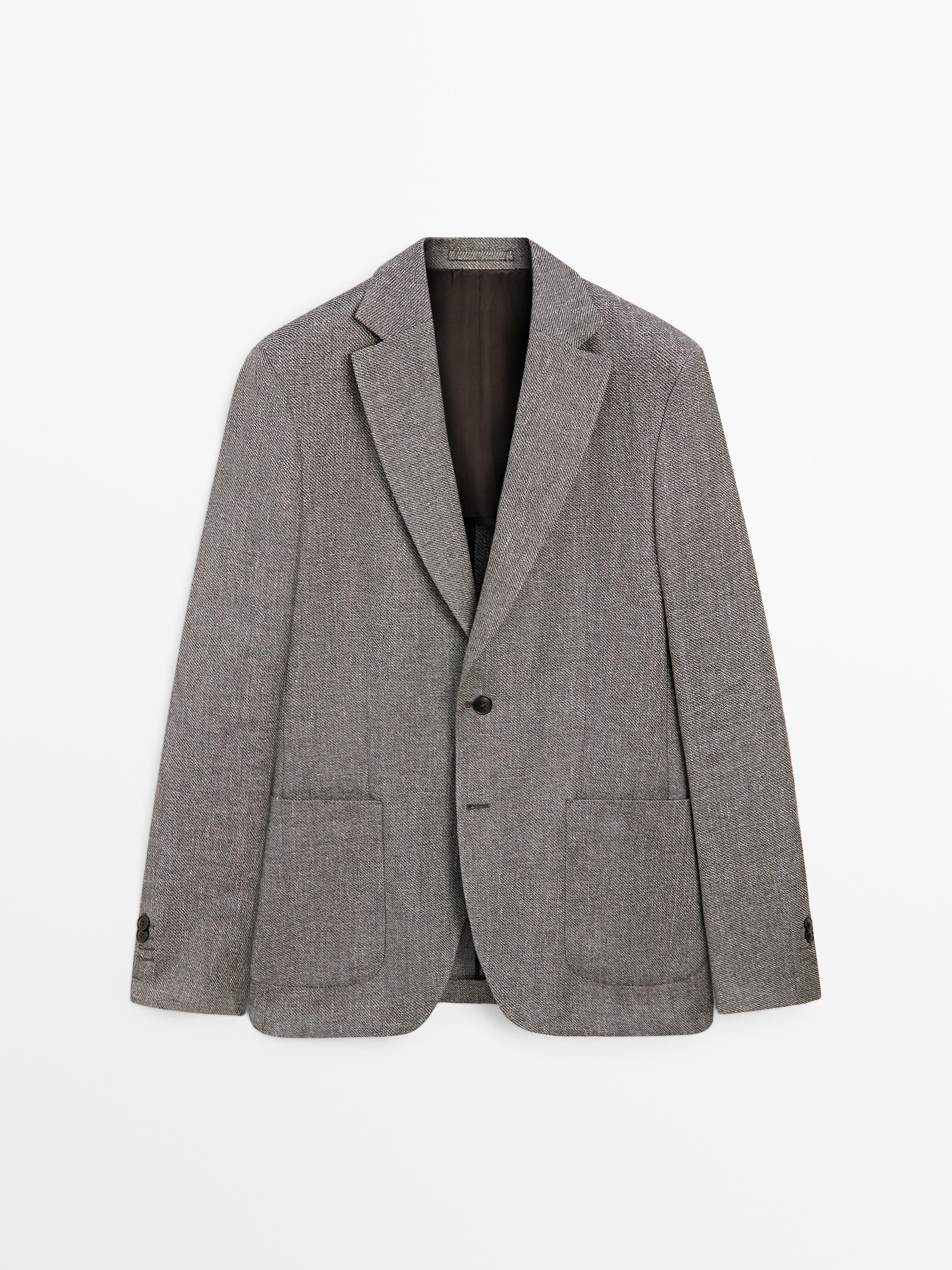 Front view of a heather gray blazer with notch lapels, two-button closure, and front patch pockets.