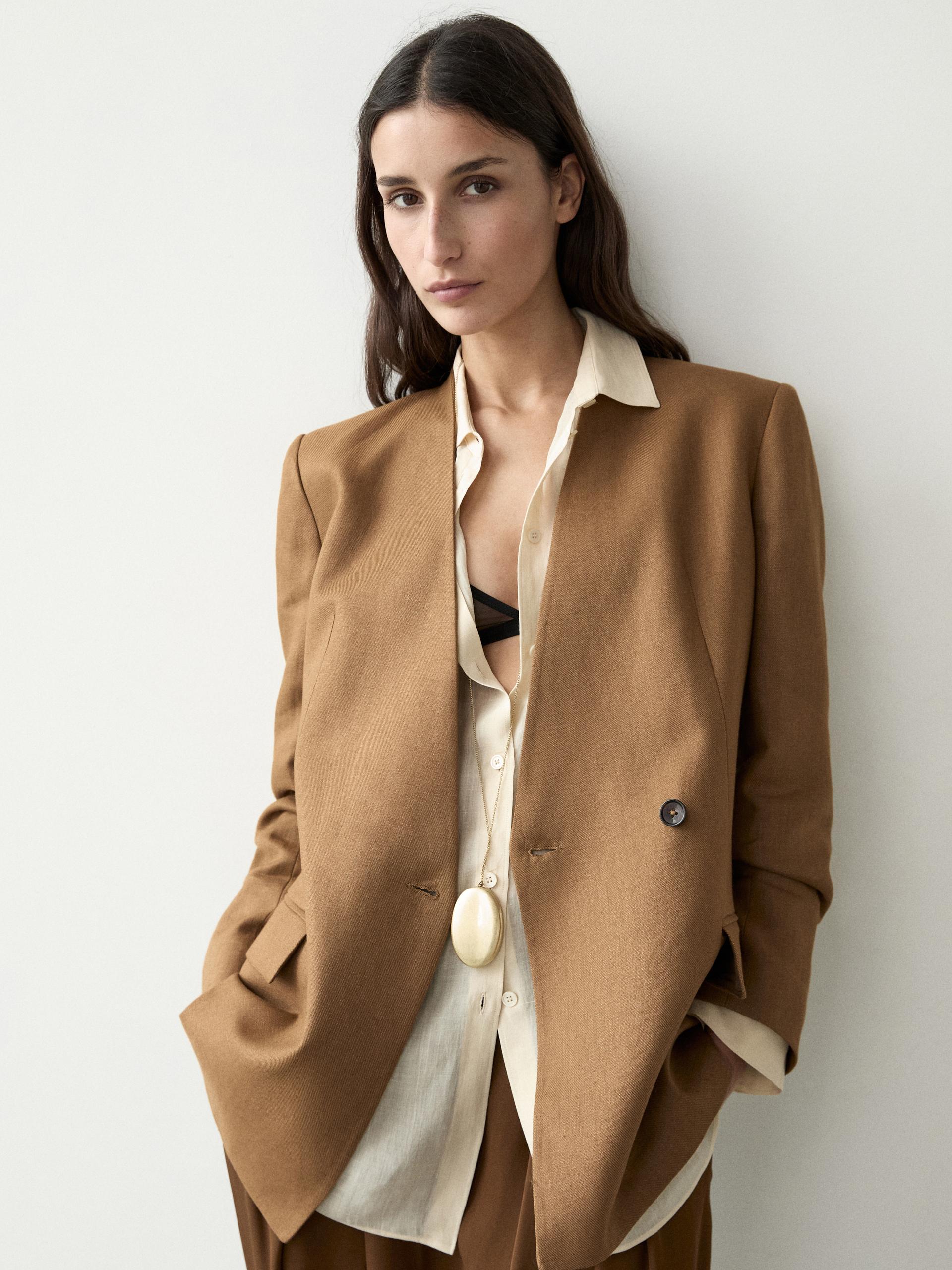 Blazer Doppiopetto Senza Risvolto 100% Lino - Cammello - 36 (It 40) - Massimo Dutti - Femminile