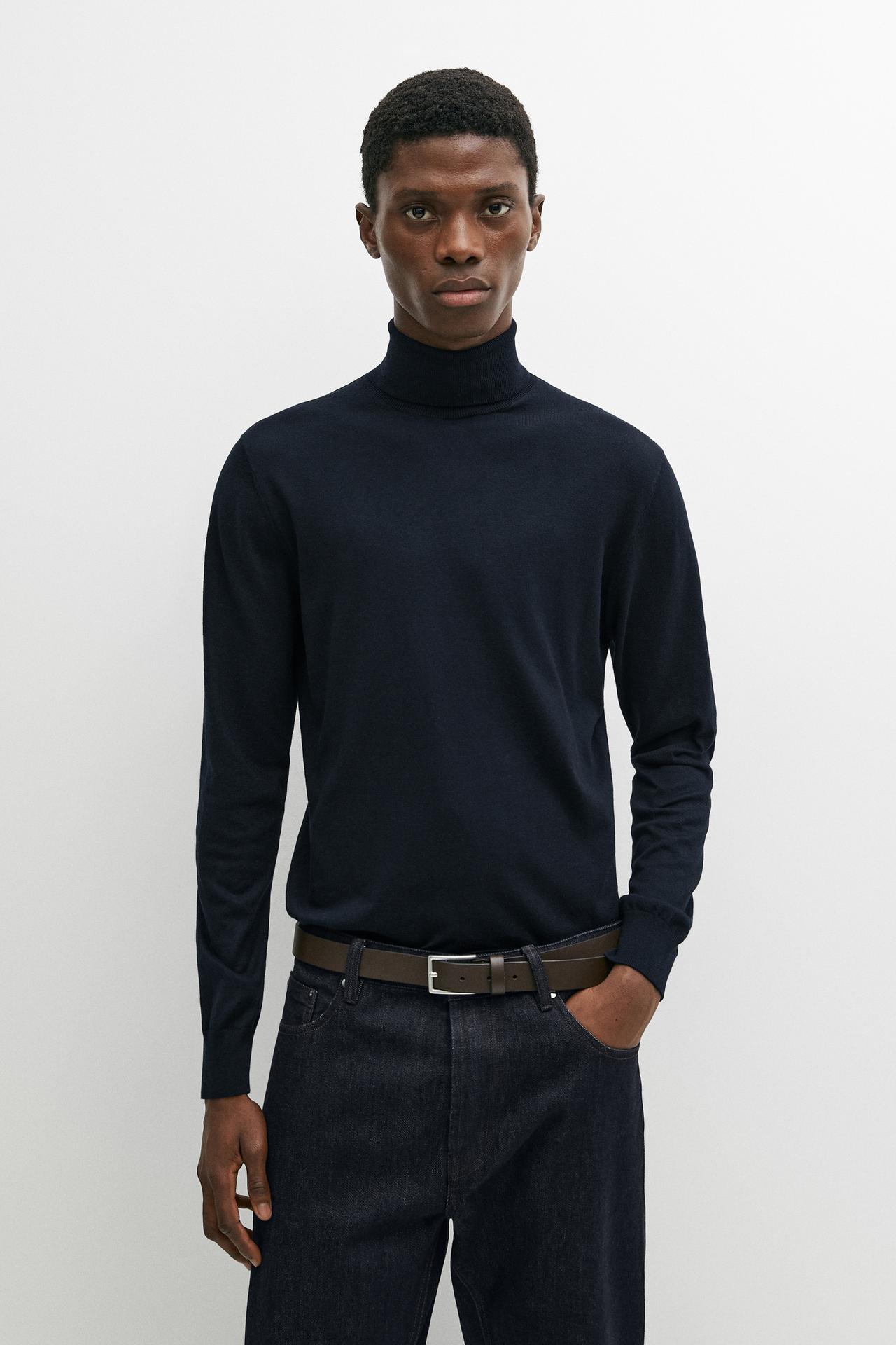 Cotton blend high neck knit sweater — NAVY BLUE