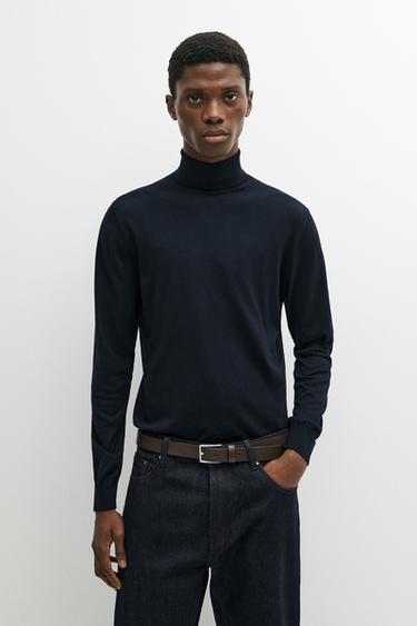 Cotton blend high neck knit sweater — NAVY BLUE 3