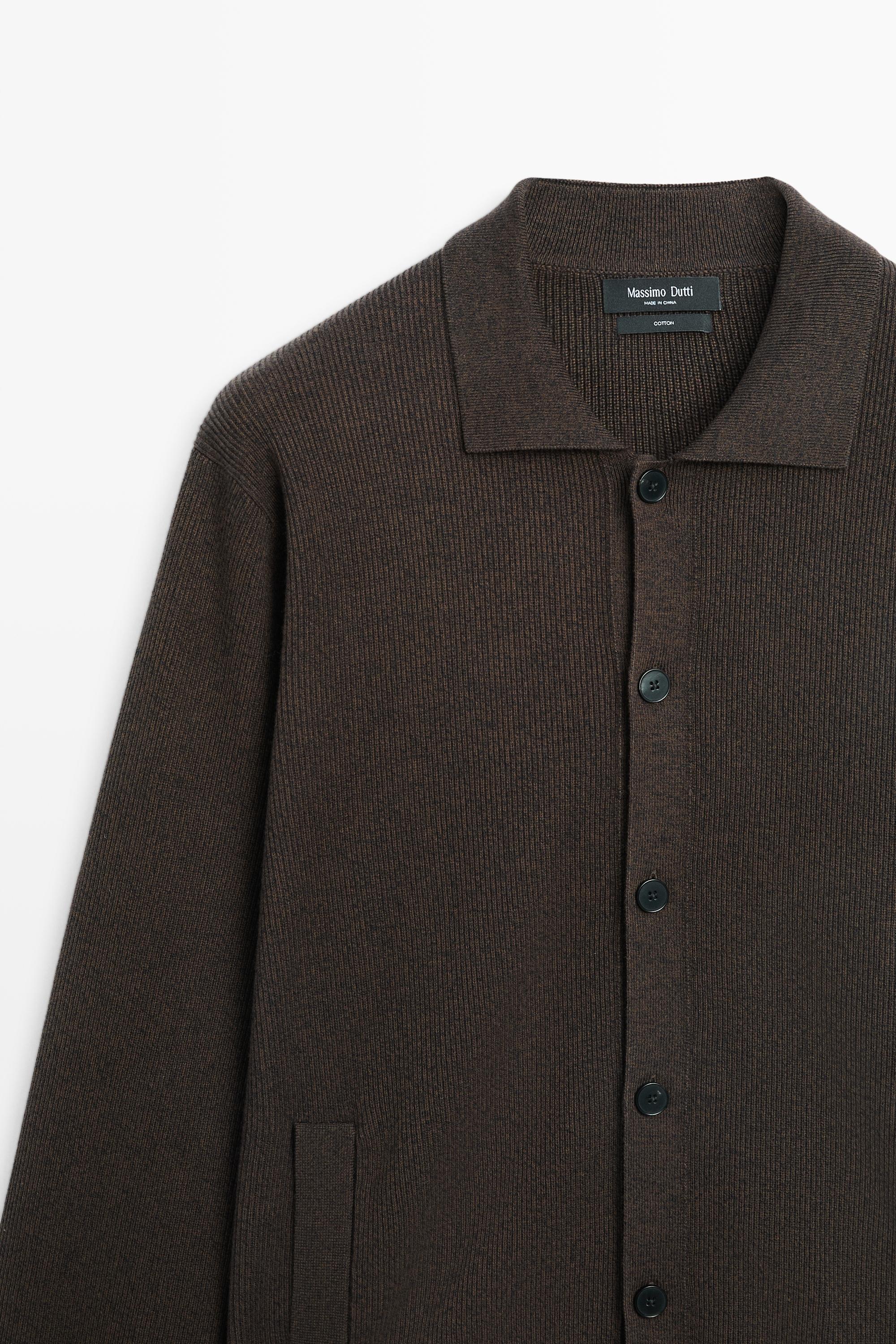 100% cotton polo collar knit cardigan — BROWN