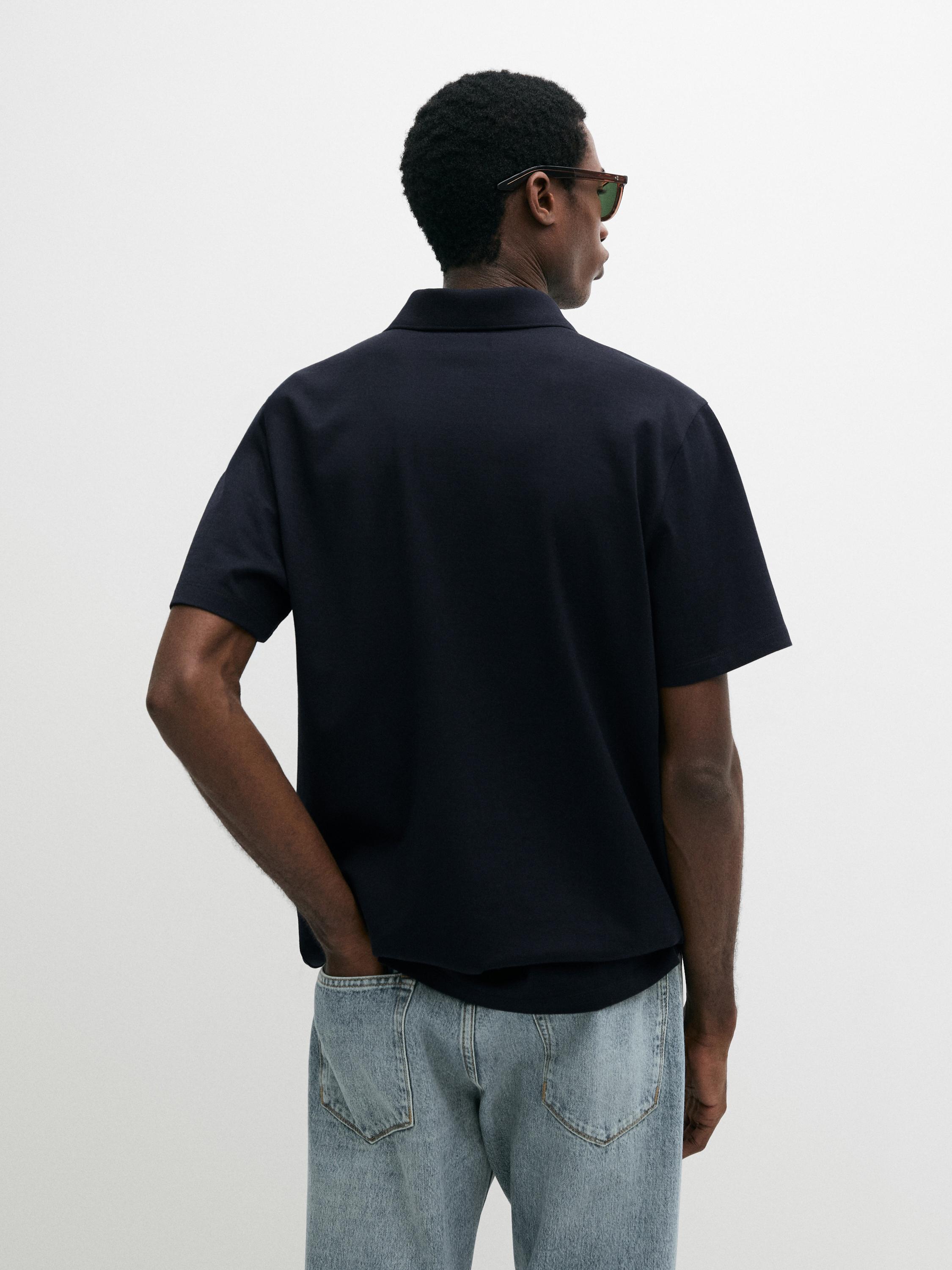 Cotton V-neck polo shirt — NAVY BLUE