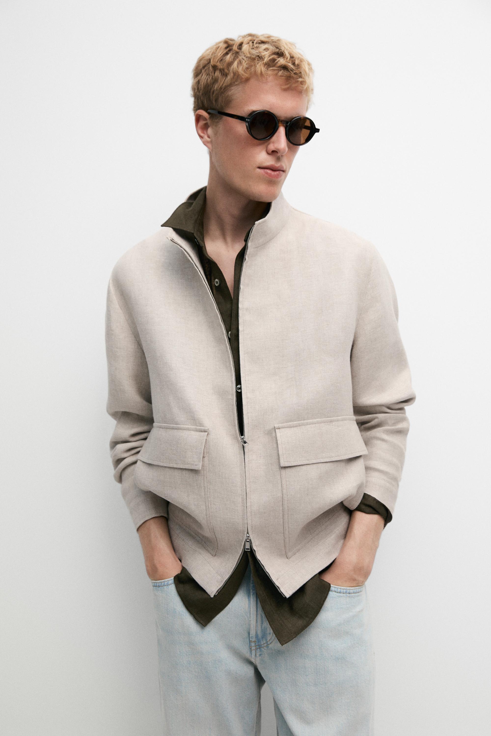 100% linen total look jacket with pockets — CREAM