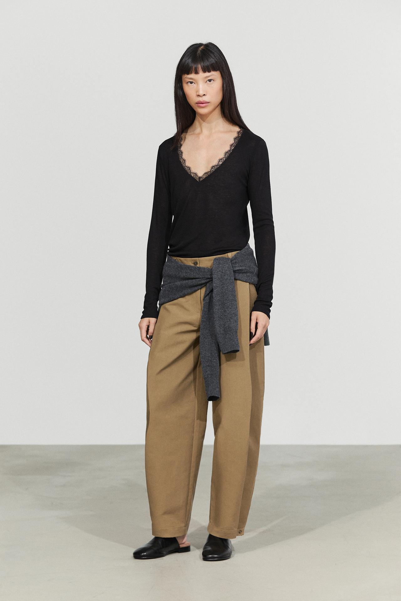 Long sleeve T-shirt with lingerie-inspired detail — BLACK