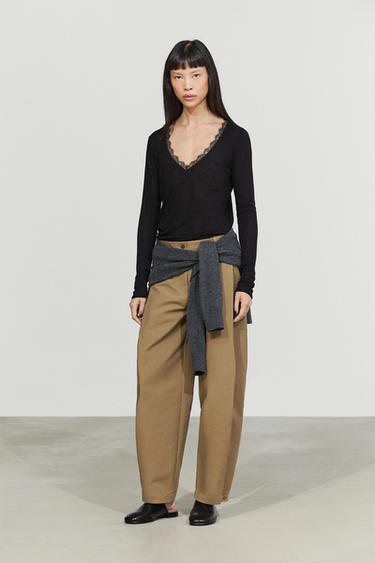 Long sleeve T-shirt with lingerie-inspired detail — BLACK 8