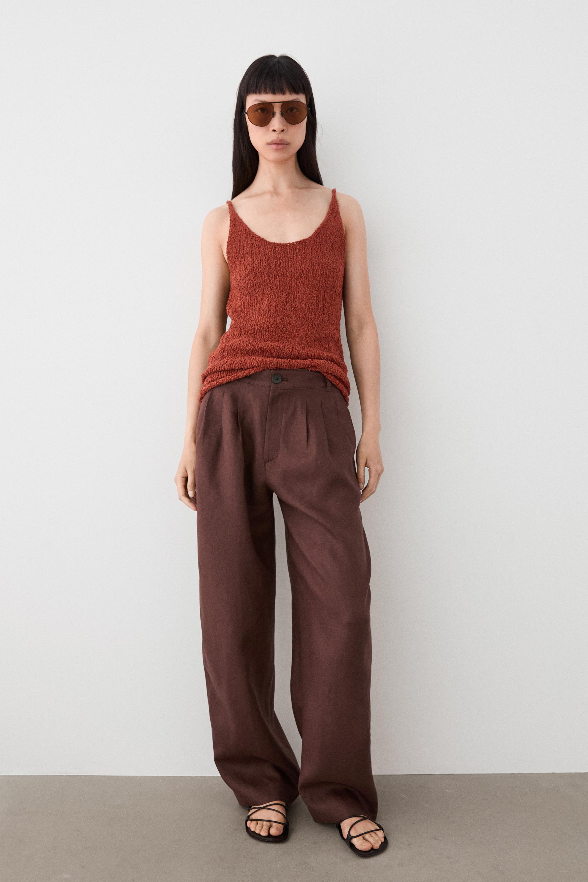 Wide-leg pleated linen trousers — TERRA COTA
