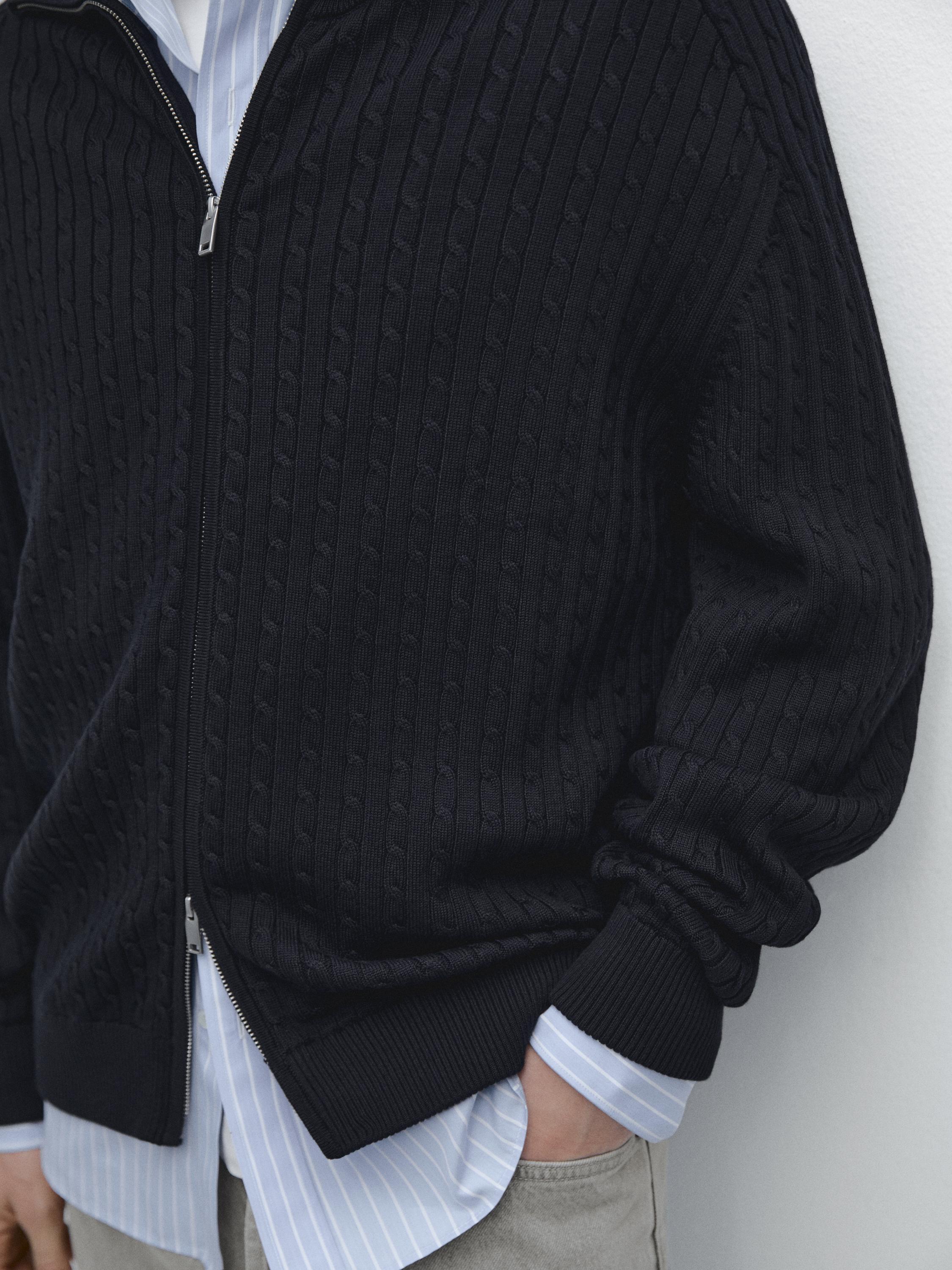 Cotton cable-knit cardigan with zip — NAVY BLUE