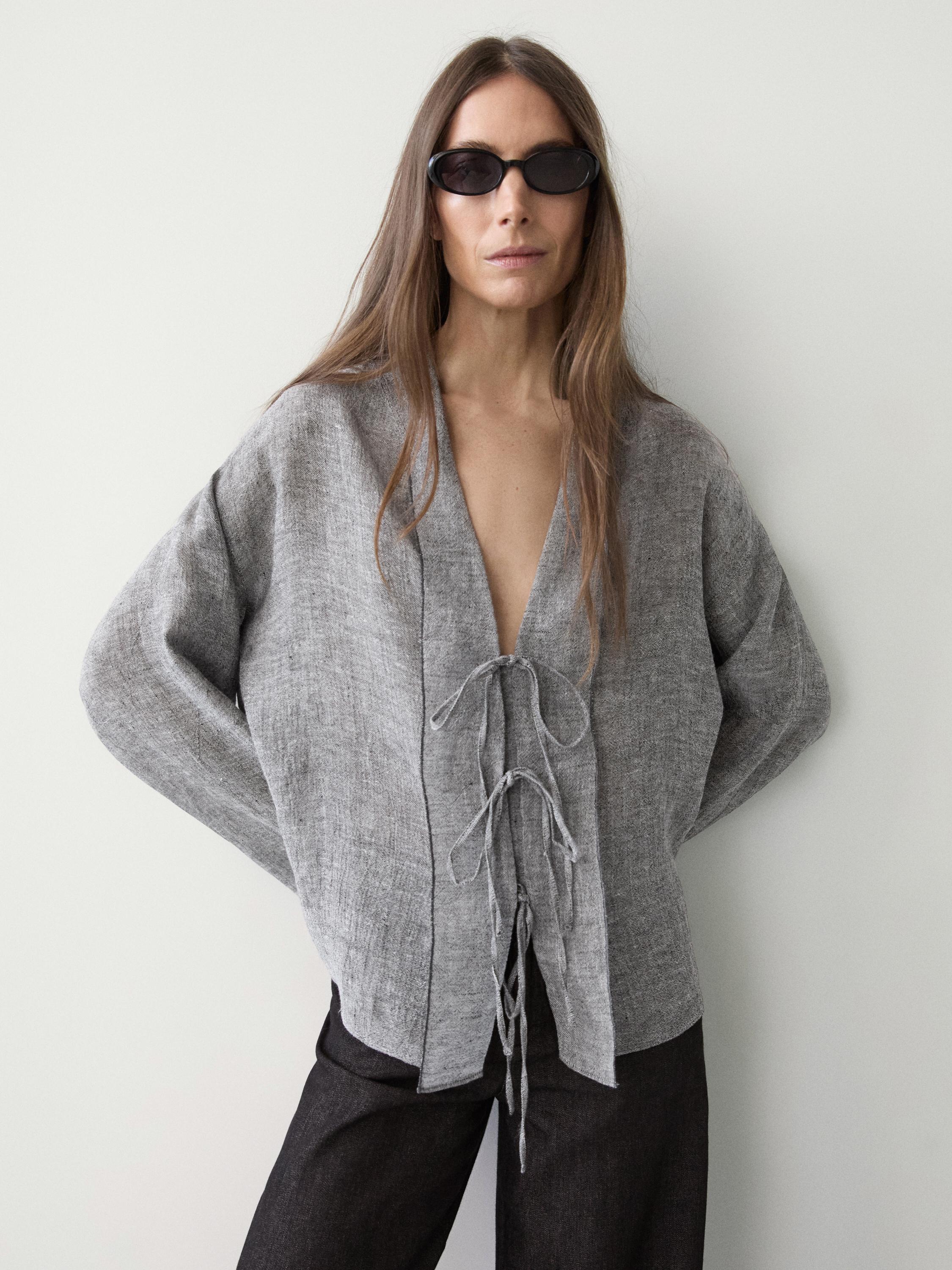 Linen blend blouse with tie details — 0-881