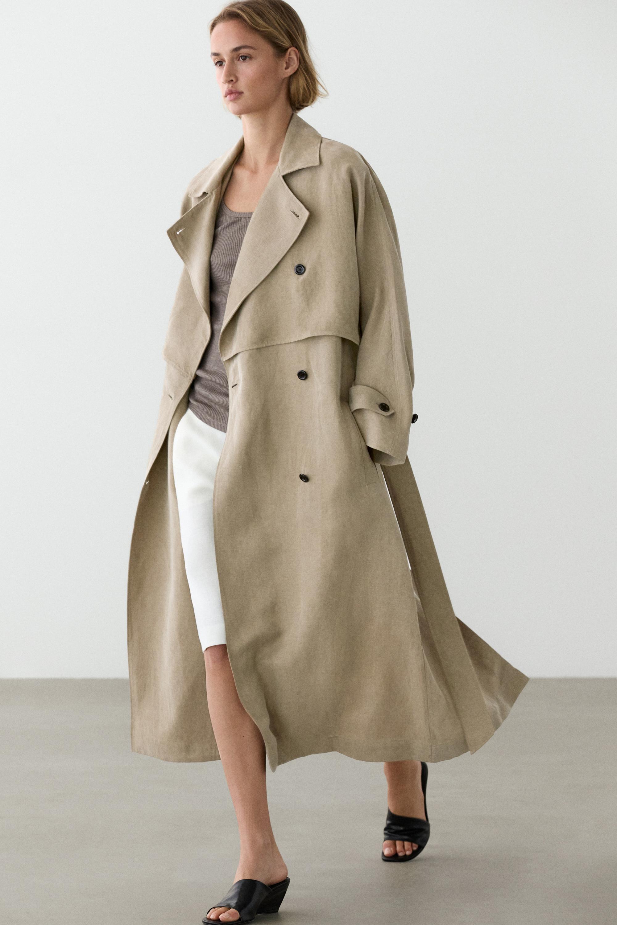 Linen blend trench coat with belt detail — SAND BROWN
