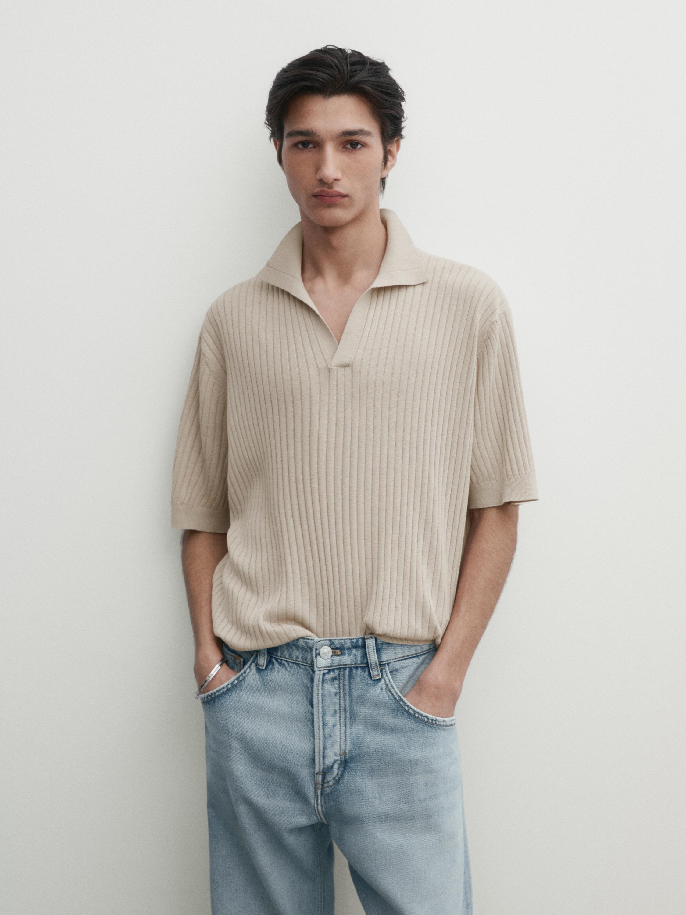 Polo en maille côtelée en coton mélangé avec du lin