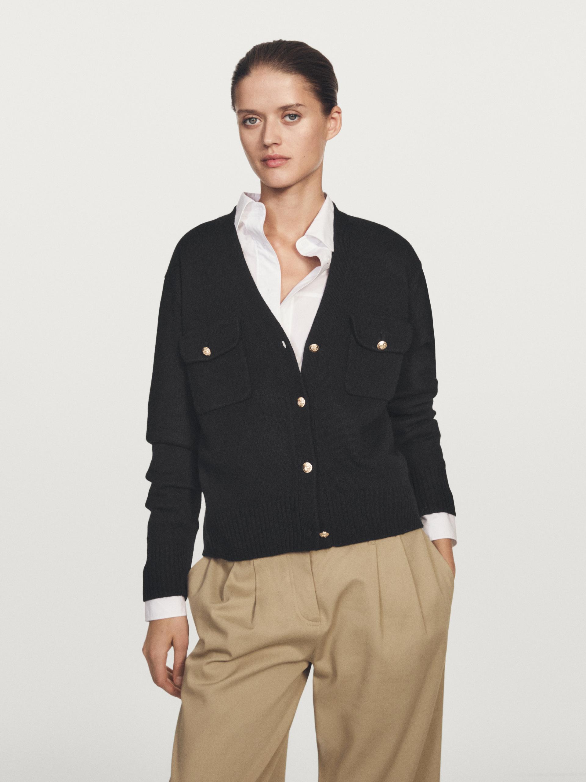 Cardigan De Malha Decote Em Bico Botões Dourados - Preto - S - Massimo Dutti - Mulher