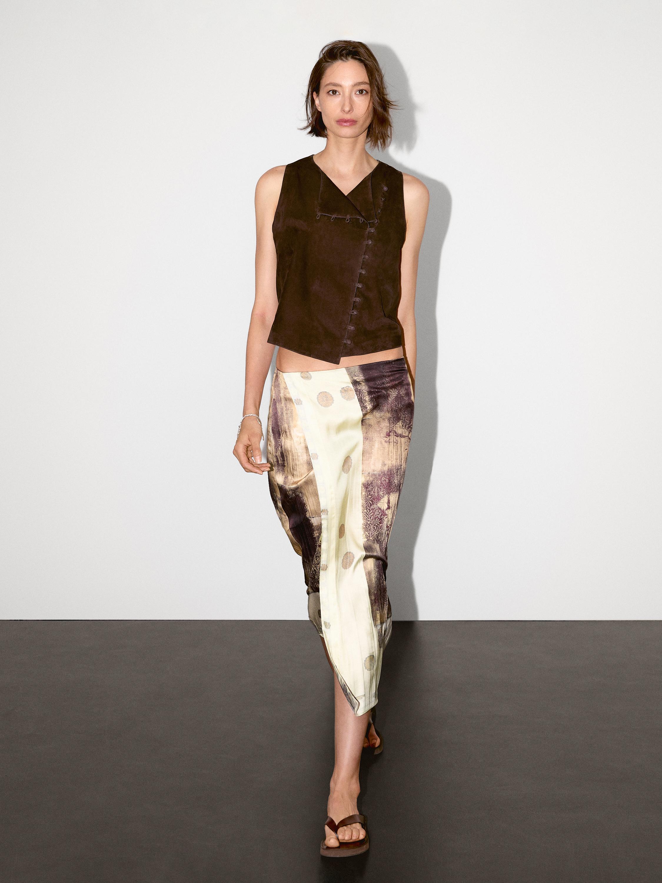 Printed satin midi skirt