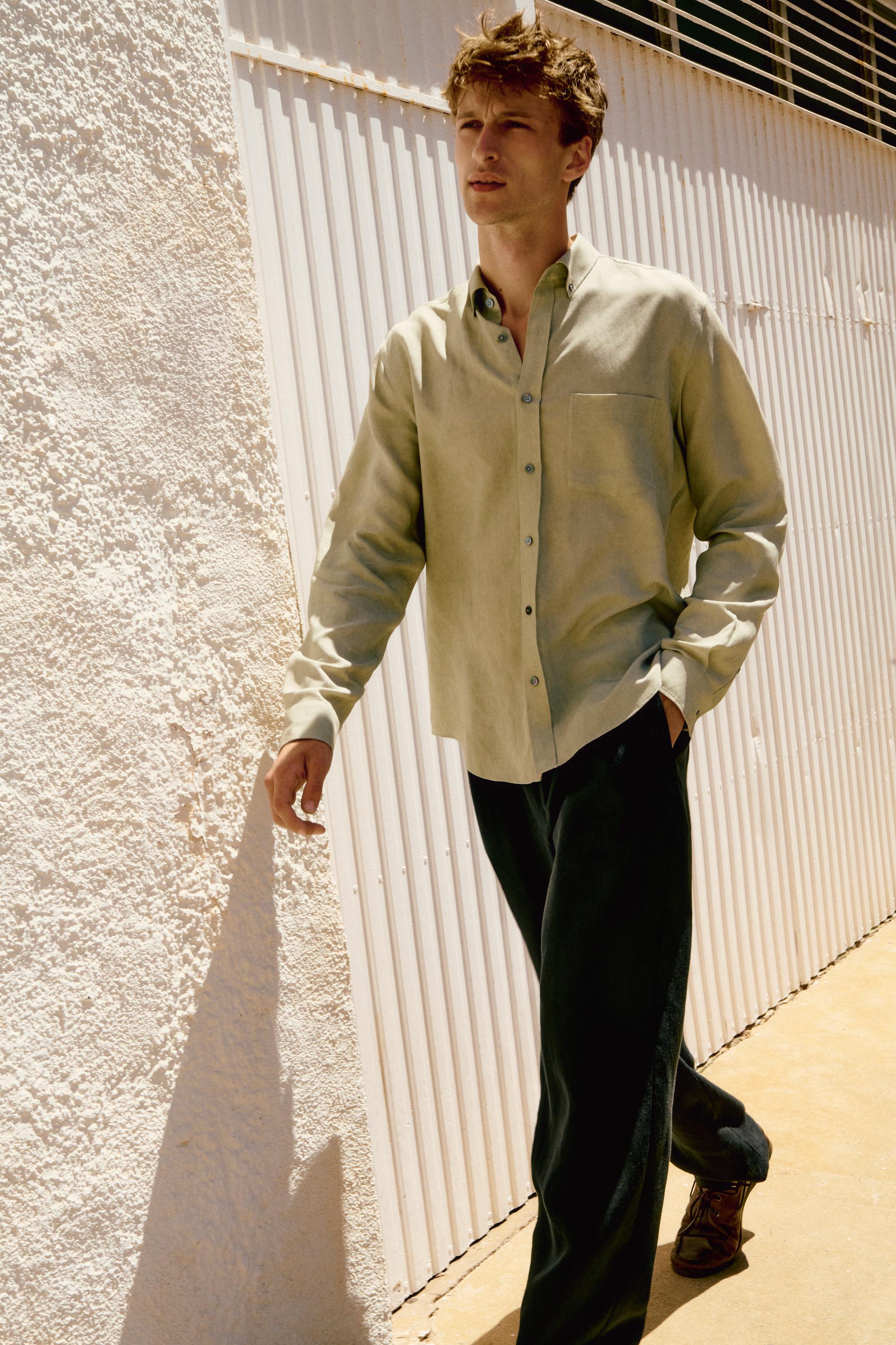 Flowing regular fit lyocell-linen shirt — GREEN