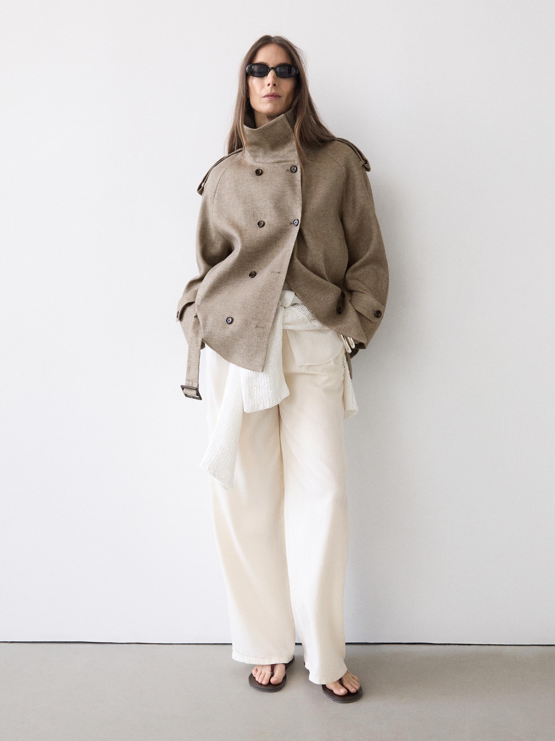 Linen melange high neck trench coat — TAUPE GREY