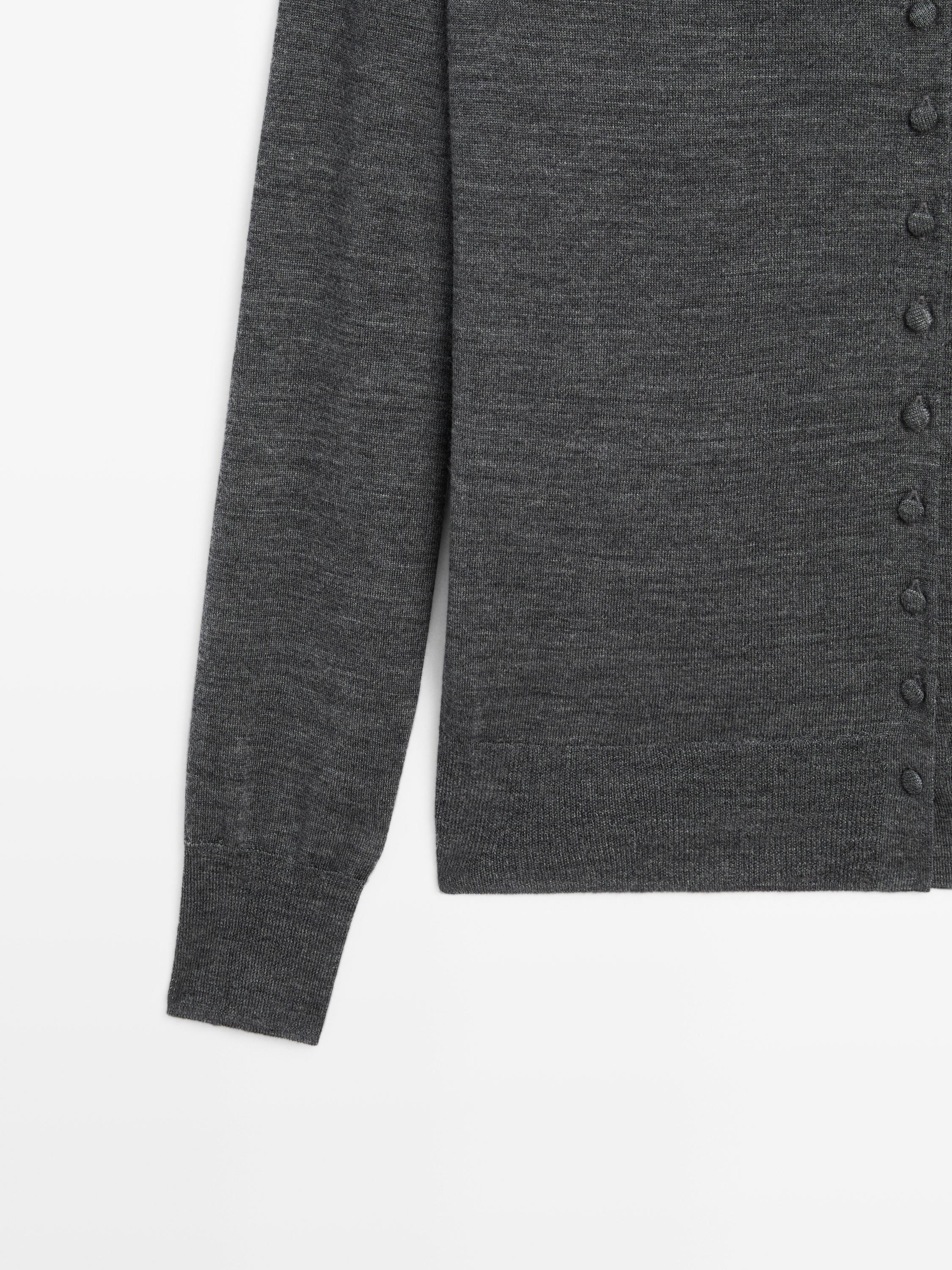Mock turtleneck cardigan with covered buttons — MEDIUM GREY
