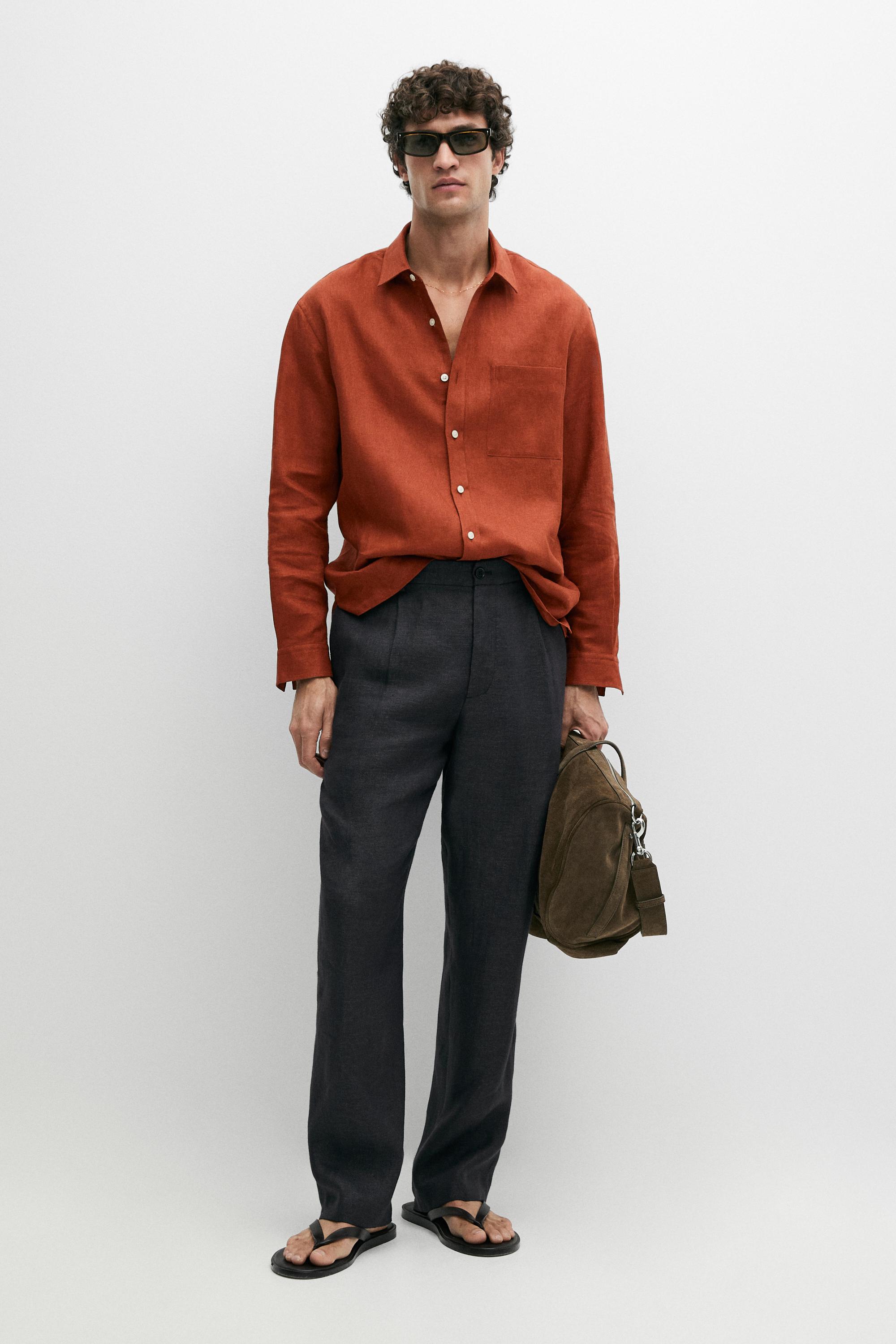 100% linen total look melange trousers — INK BLUE