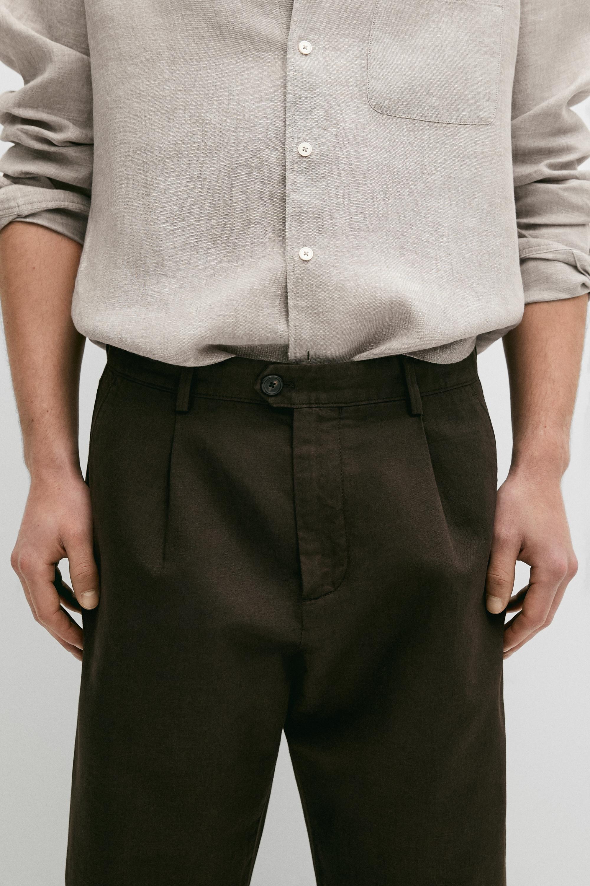 Straight-leg linen and cotton trousers with darts — BROWN