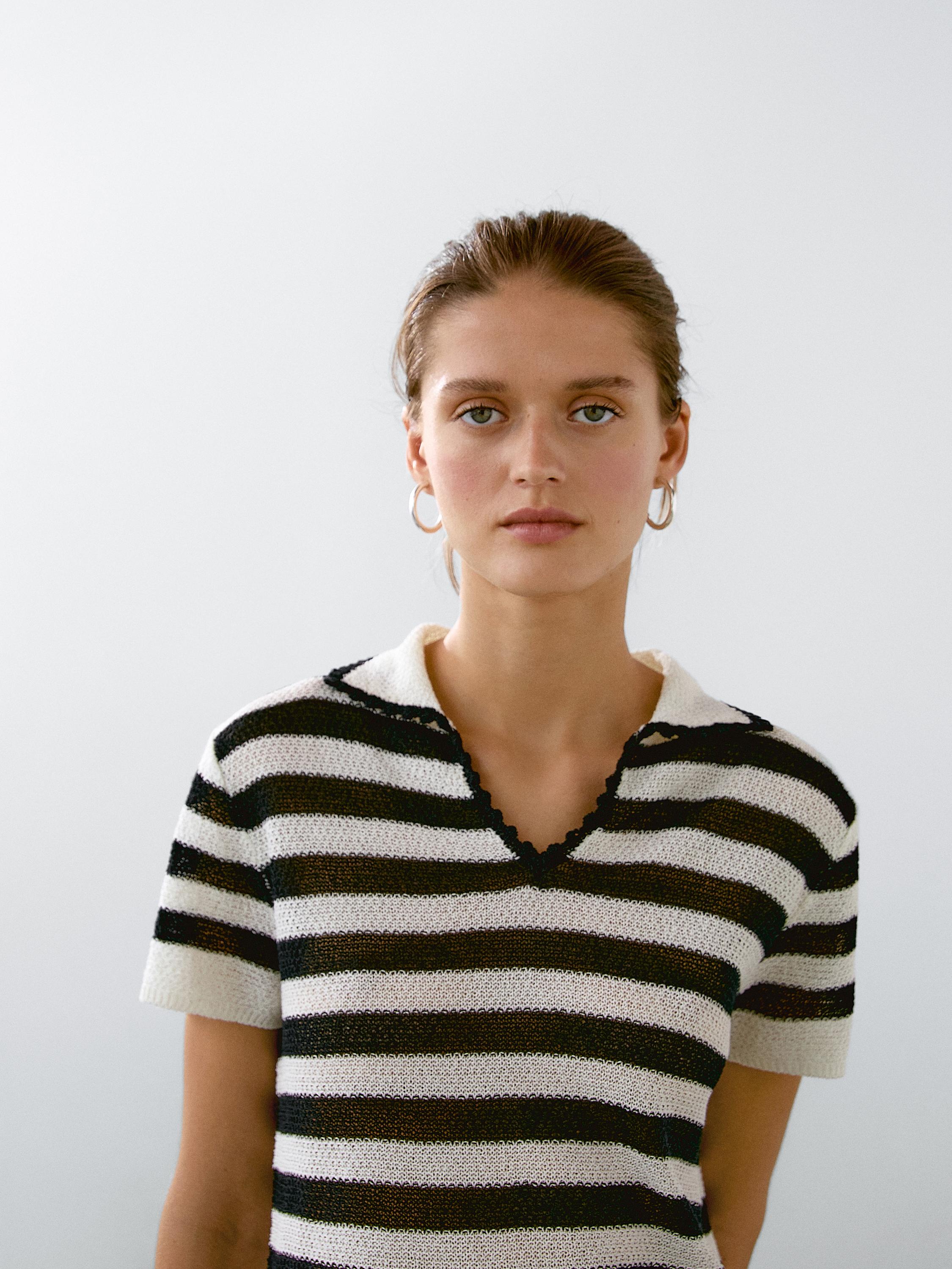 Striped cotton blend polo sweater