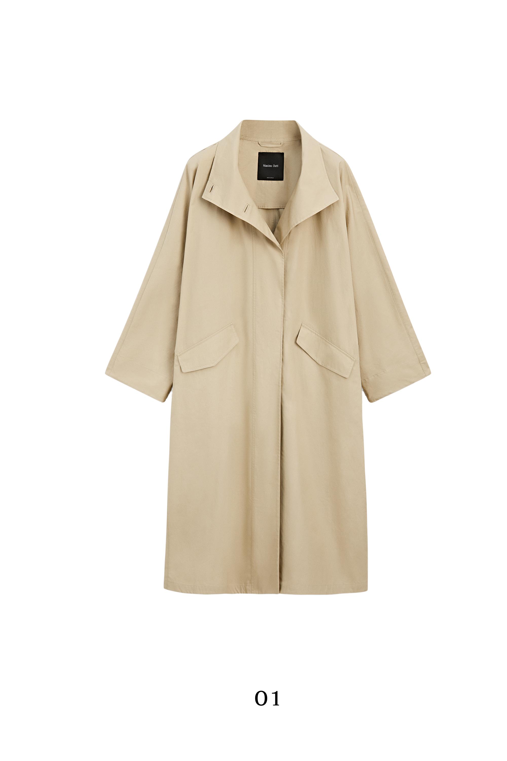 100% Cotton High-Neck Trench Coat — Light Beige