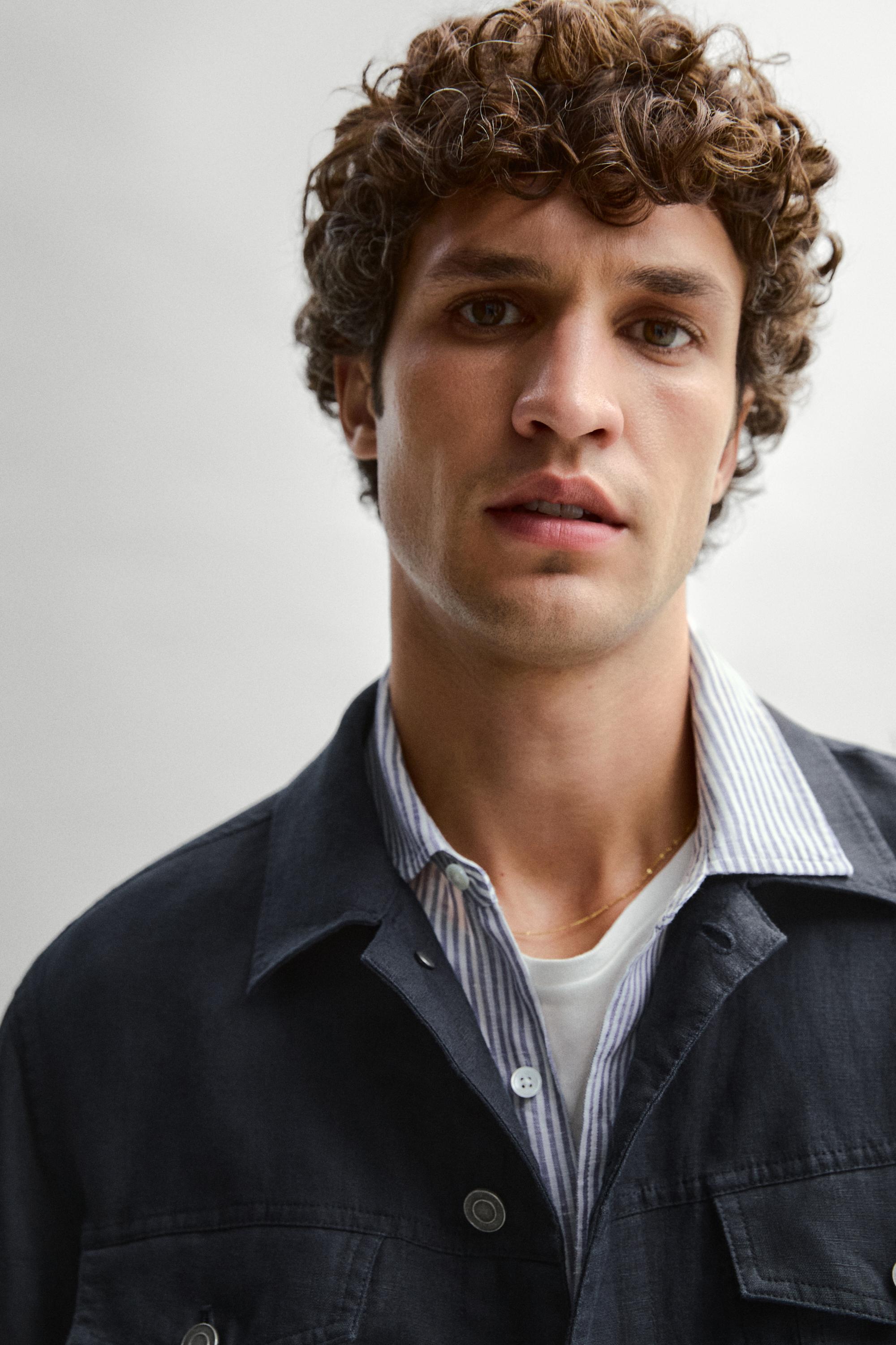 100% linen trucker jacket — NAVY BLUE