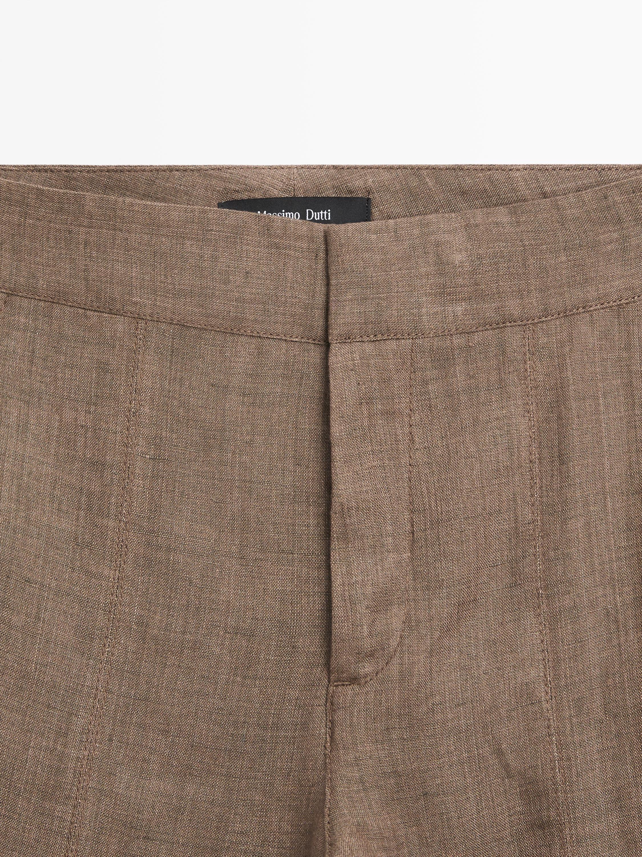 100% linen kick flare trousers — BROWN