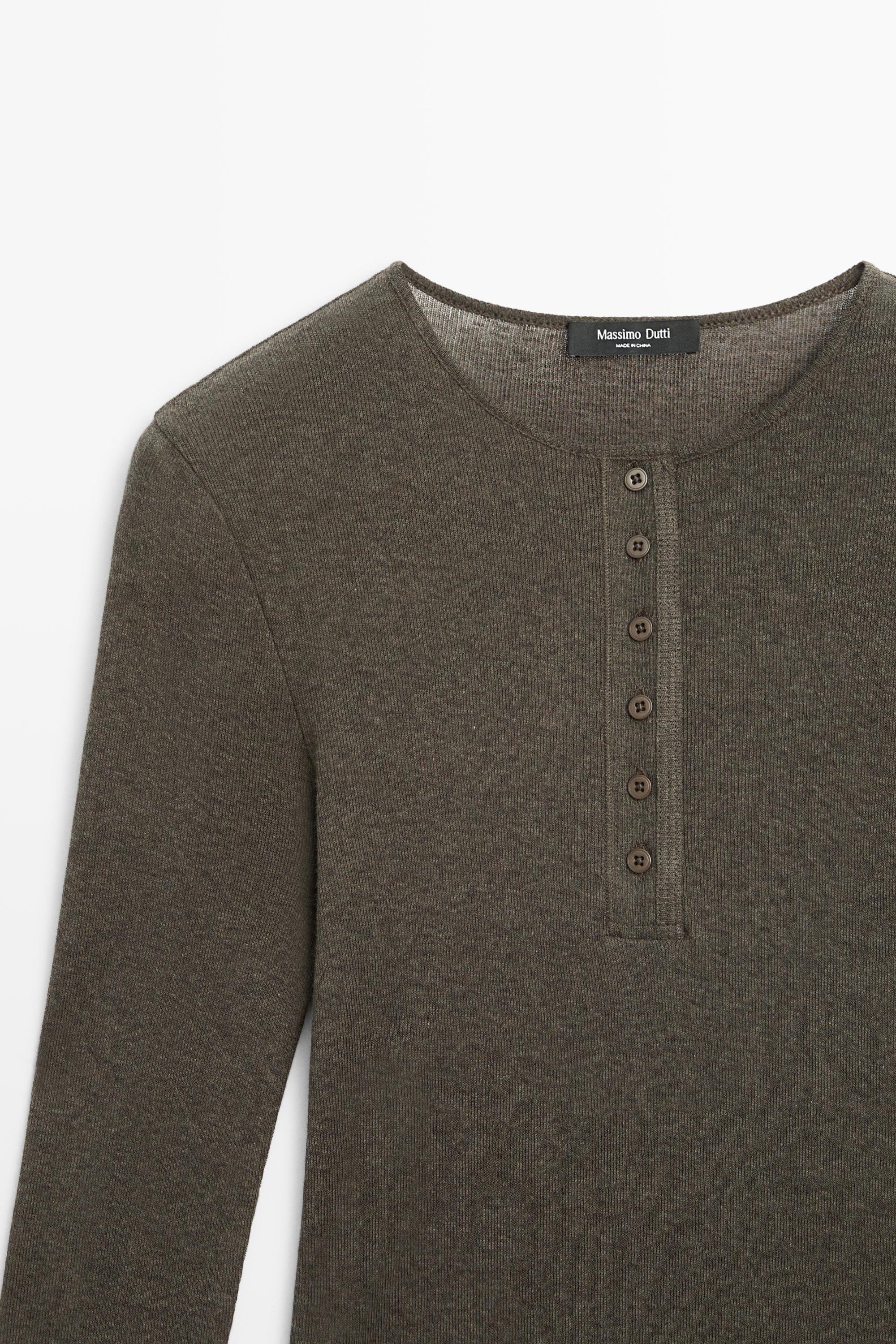 Cotton cashmere long sleeve henley T-shirt