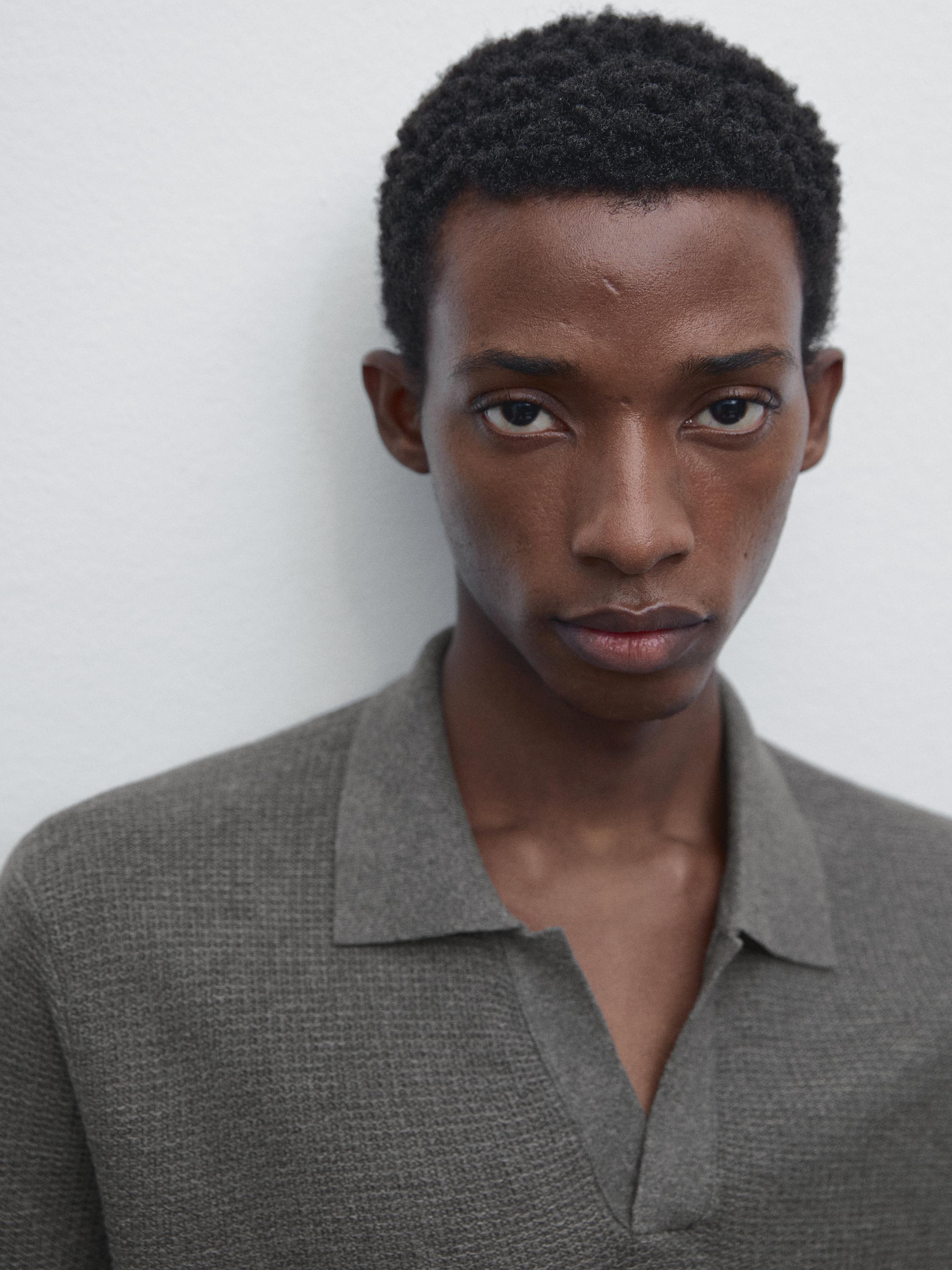 Linen blend textured knit polo shirt