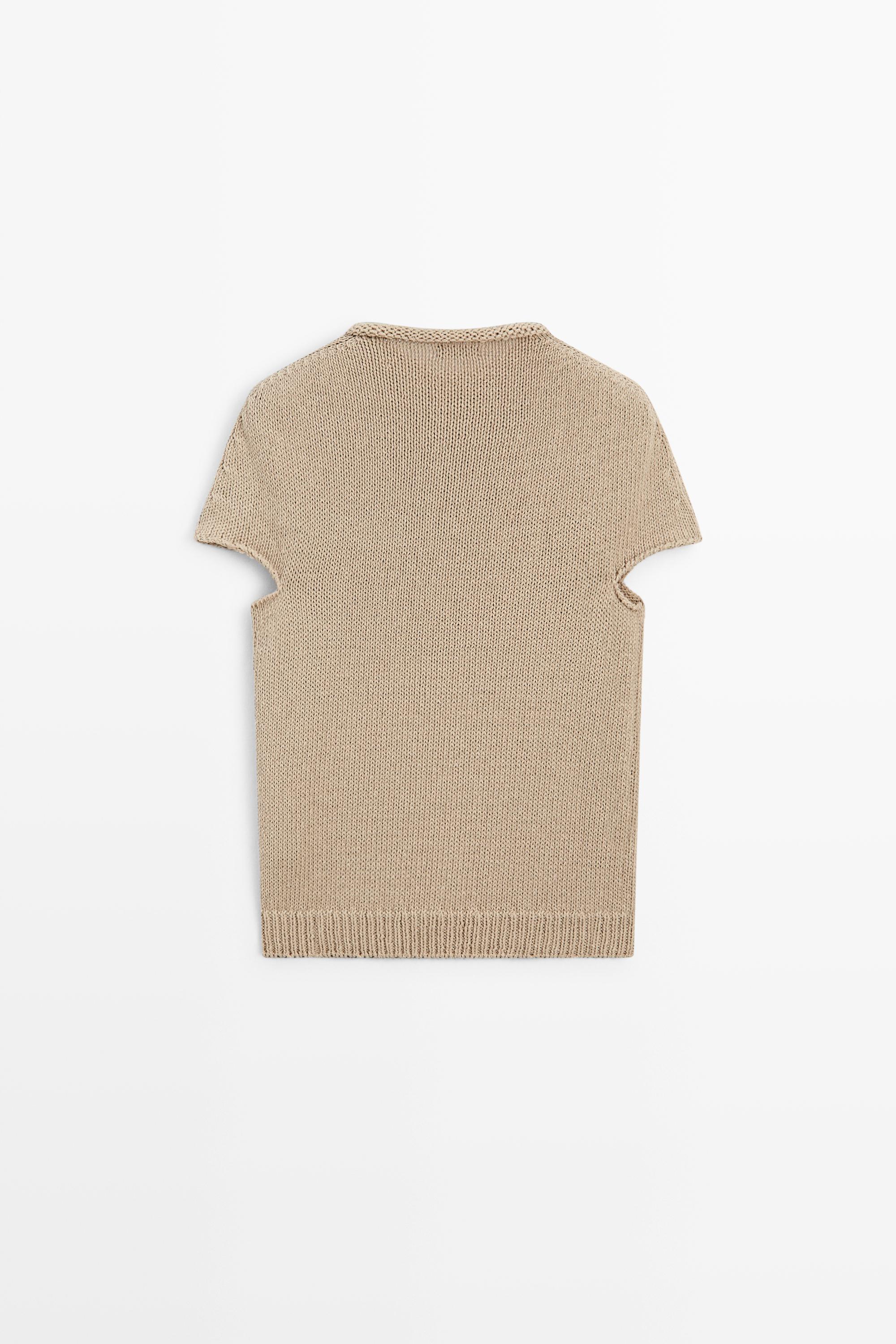 Cotton blend short sleeve rolled-neck sweater — BEIGE