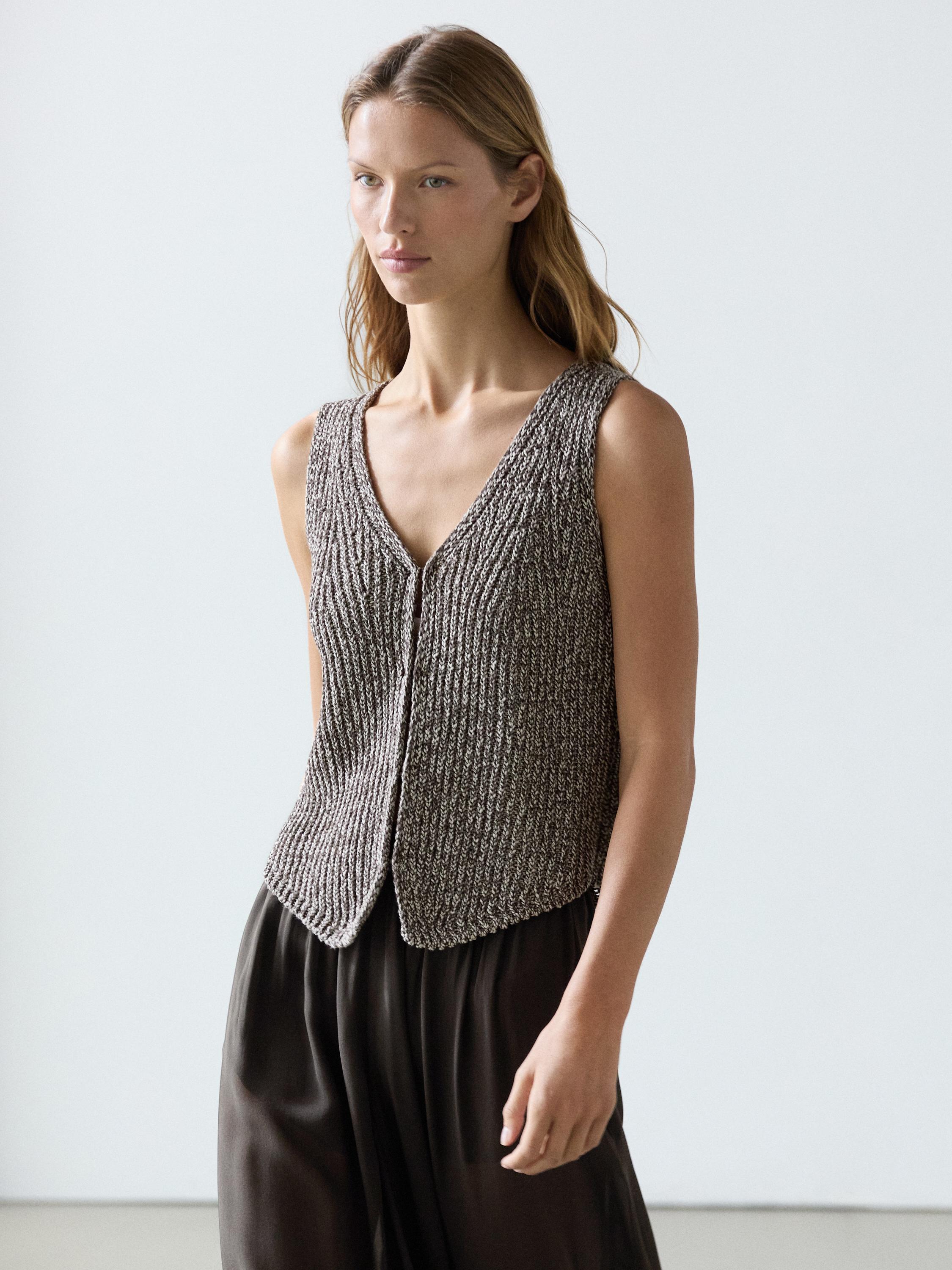 Cotton blend V-neck knit vest — BROWN MARL