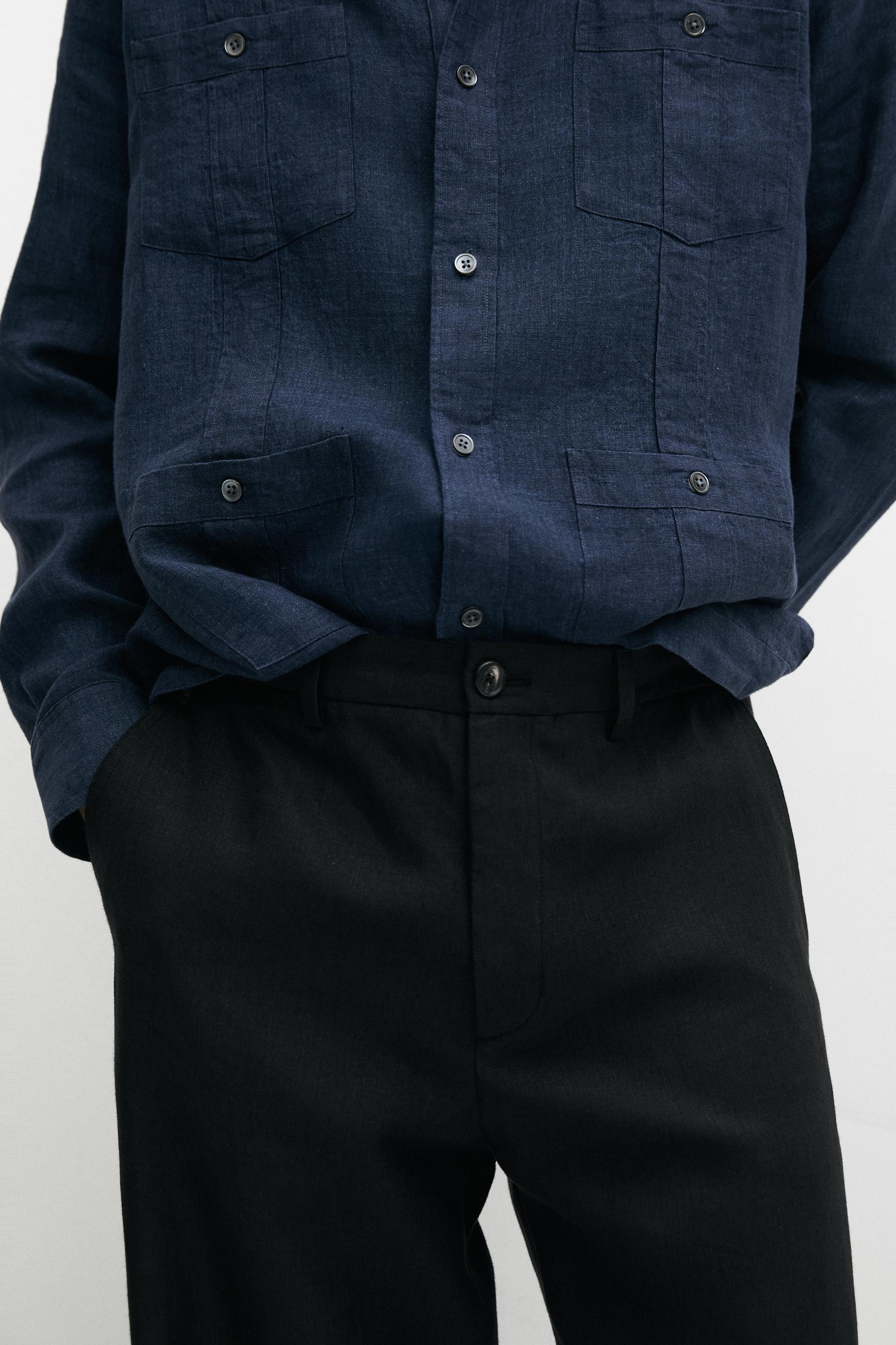 100% linen straight-leg trousers — BLACK