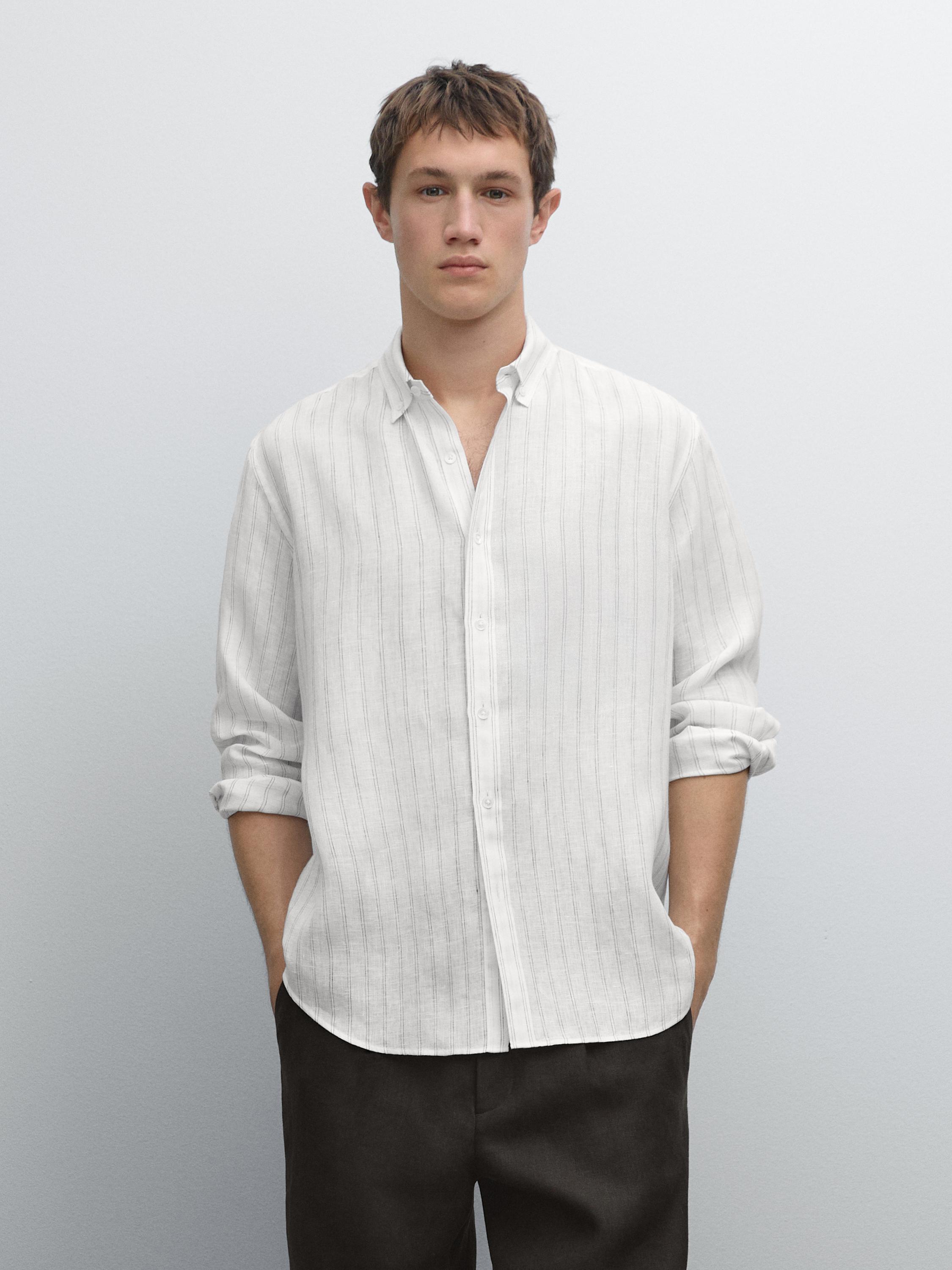 100% linen regular fit striped shirt