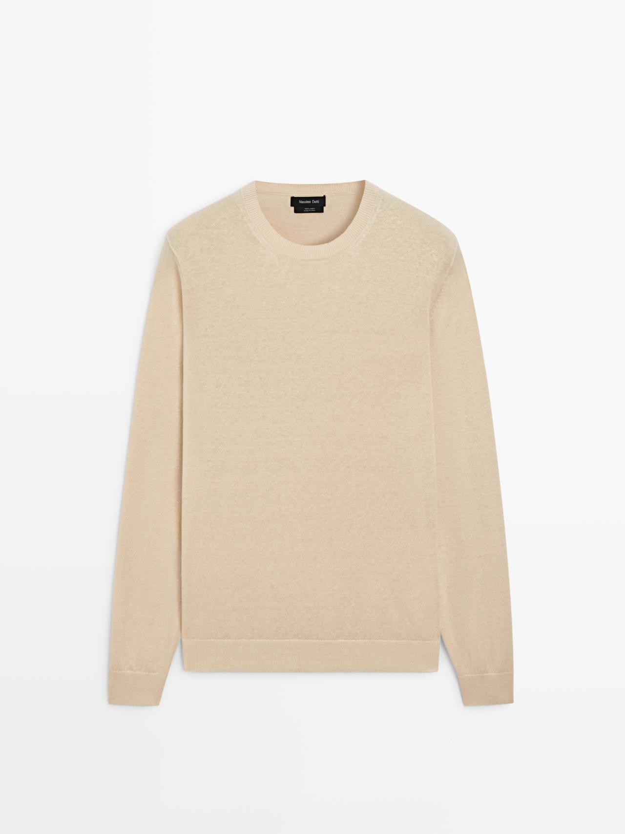 Massimo Dutti - Herre - Strikket Trøje I 100 % Hør Med Rund Hals - Vanilje - M