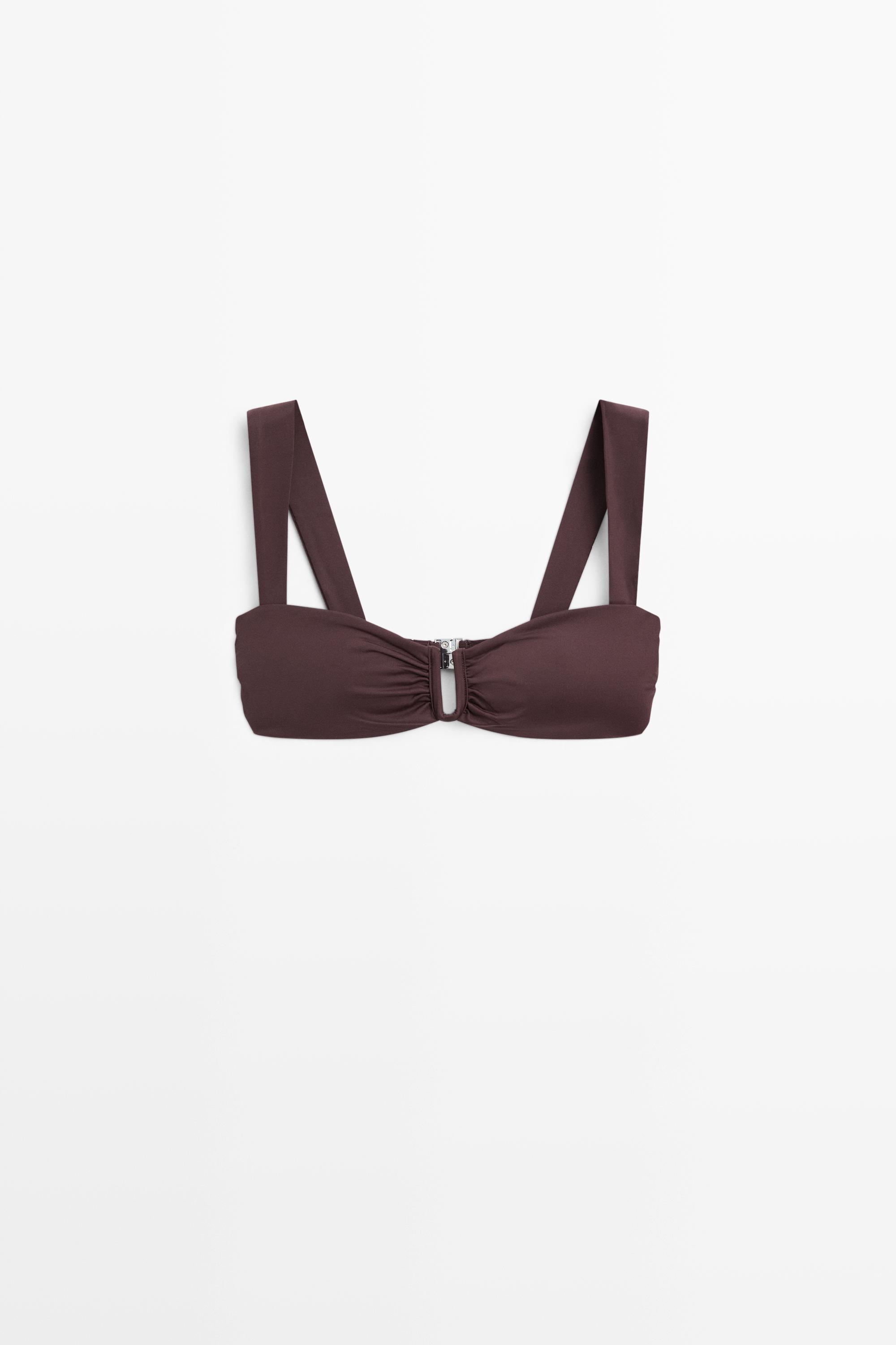 Strappy bikini top with gathered detail — BROWN
