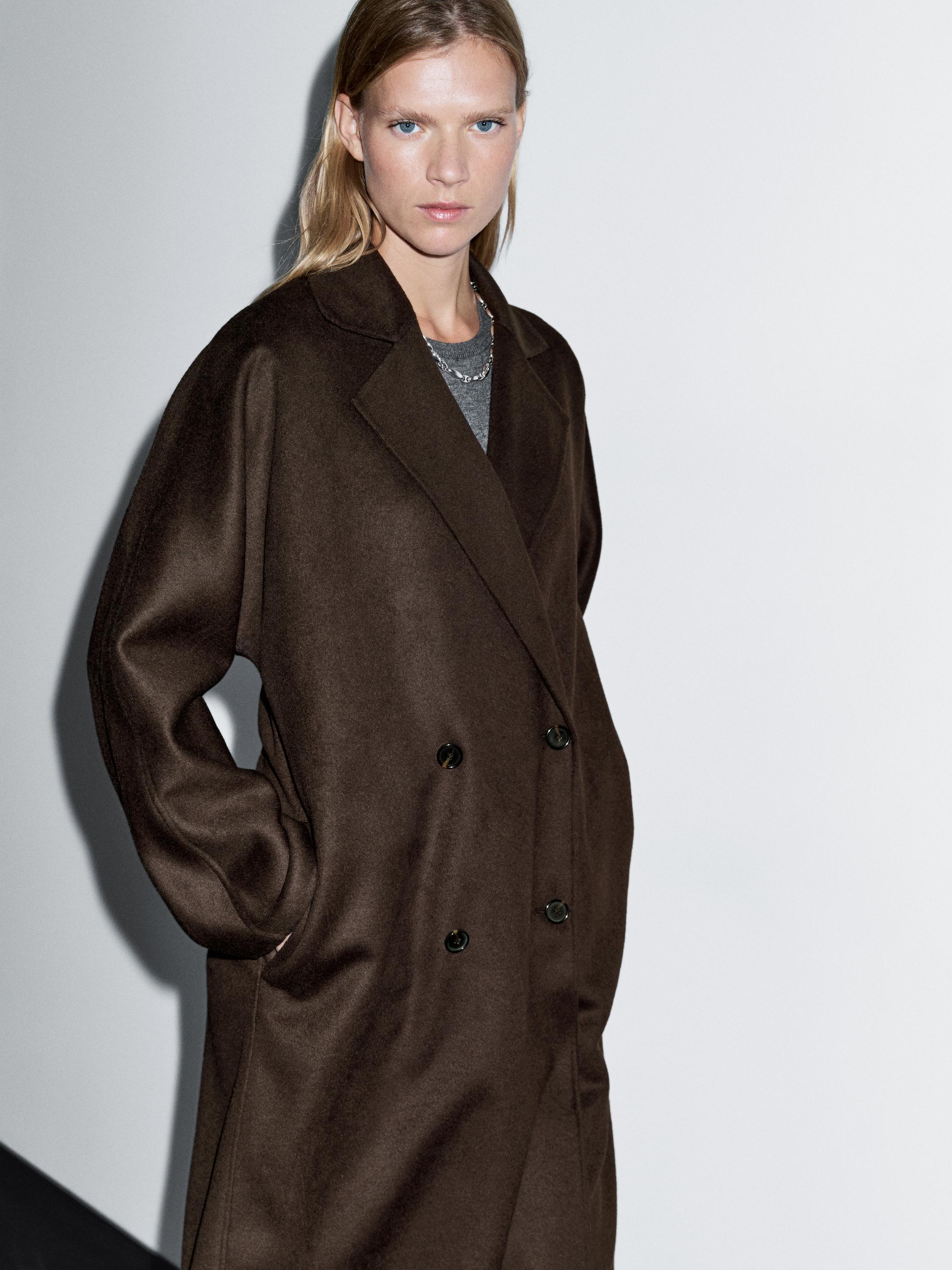 Long double-breasted wool blend coat