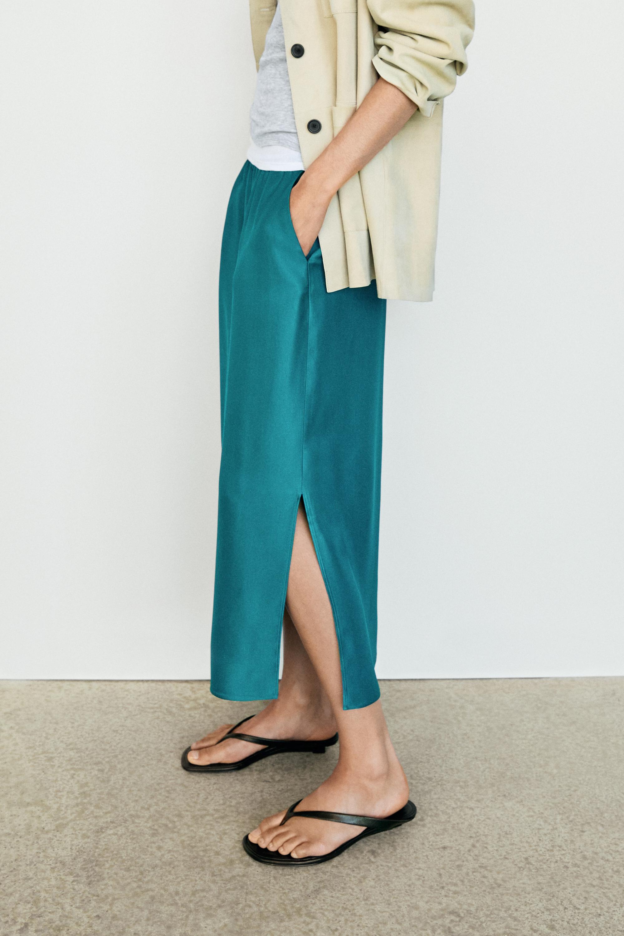 Satin midi skirt with pockets — BLUE
