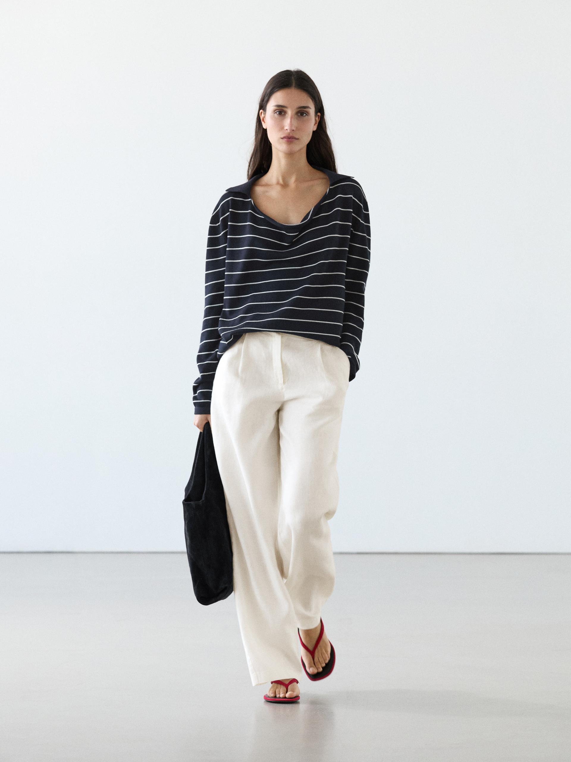 Pantalón Wide Leg Goma 100% Lino - Blanco Roto - 36 - Massimo Dutti - Mujer