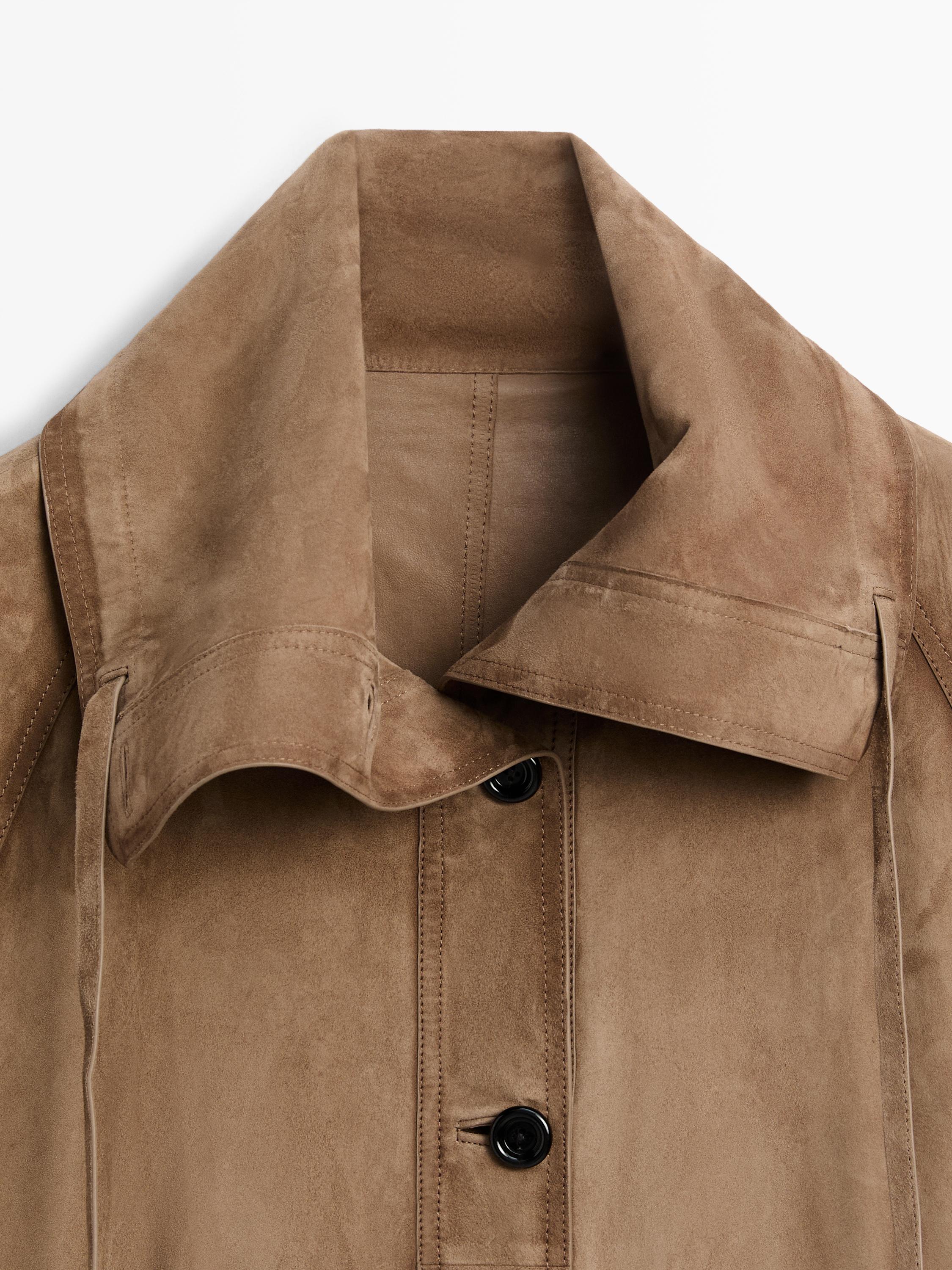 Suede leather high neck parka — Washed
