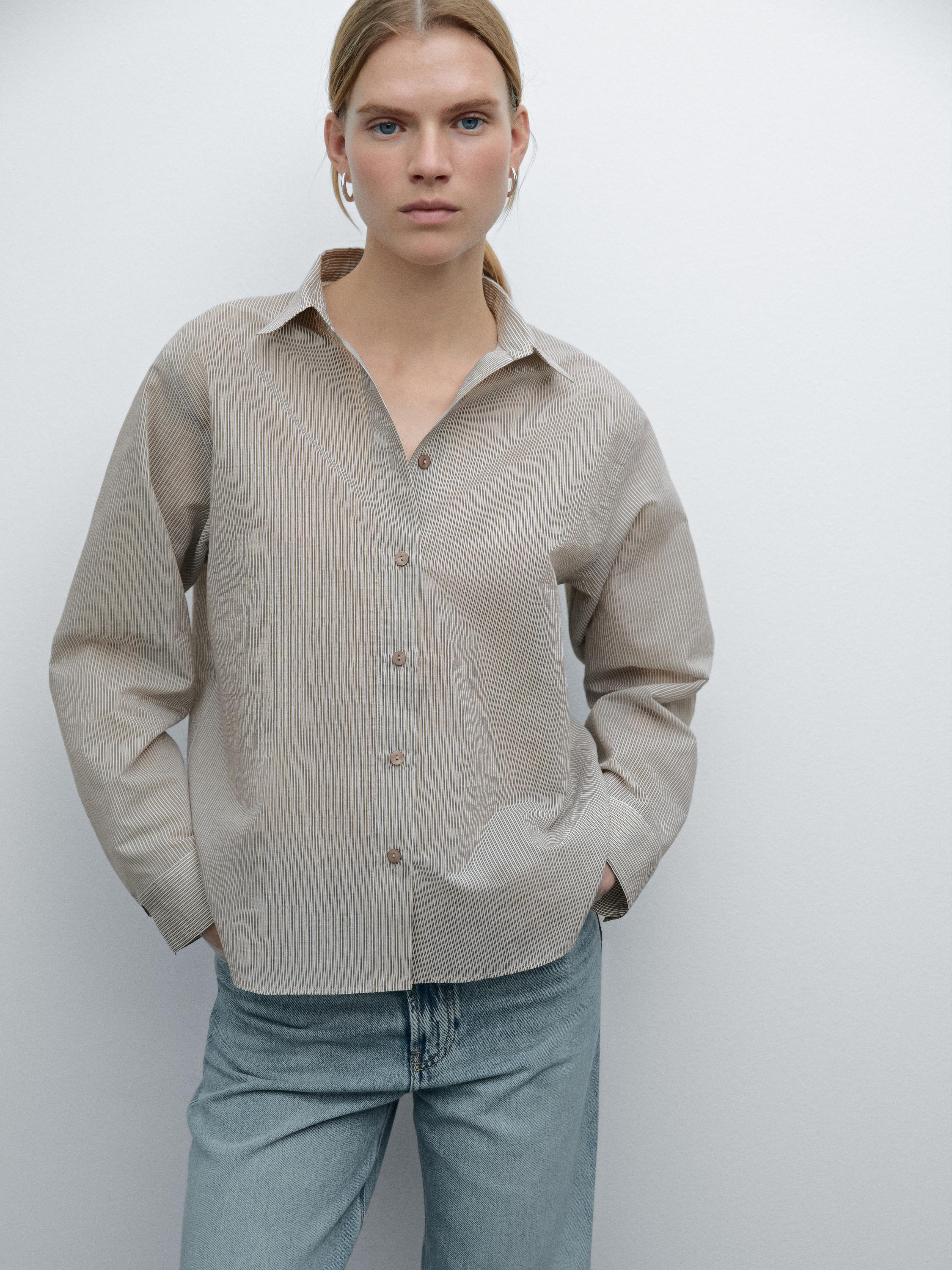 Camisa às riscas em mistura de algodão