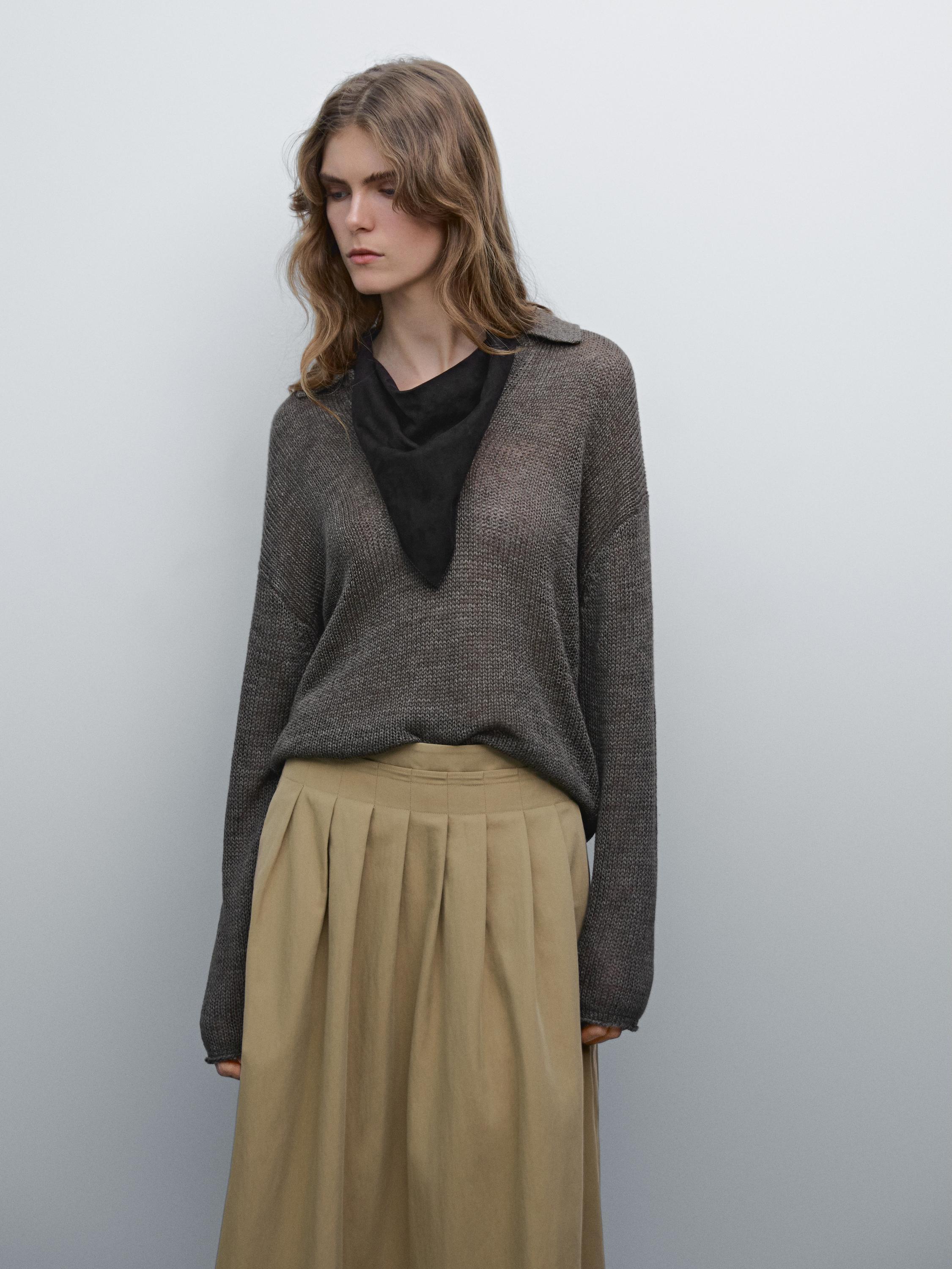 Cotton blend box pleat midi skirt