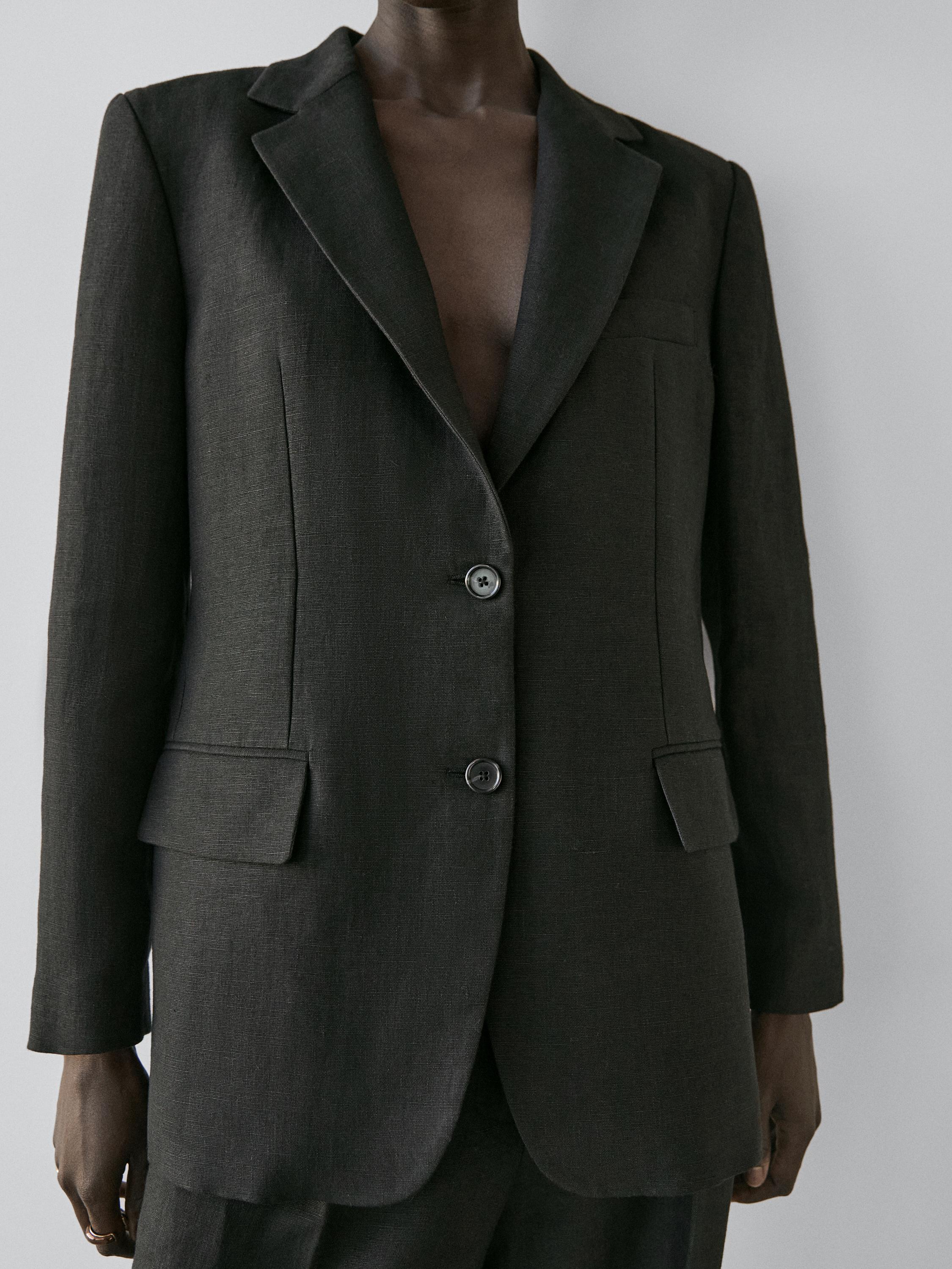 100% linen blazer with pockets — BLACK