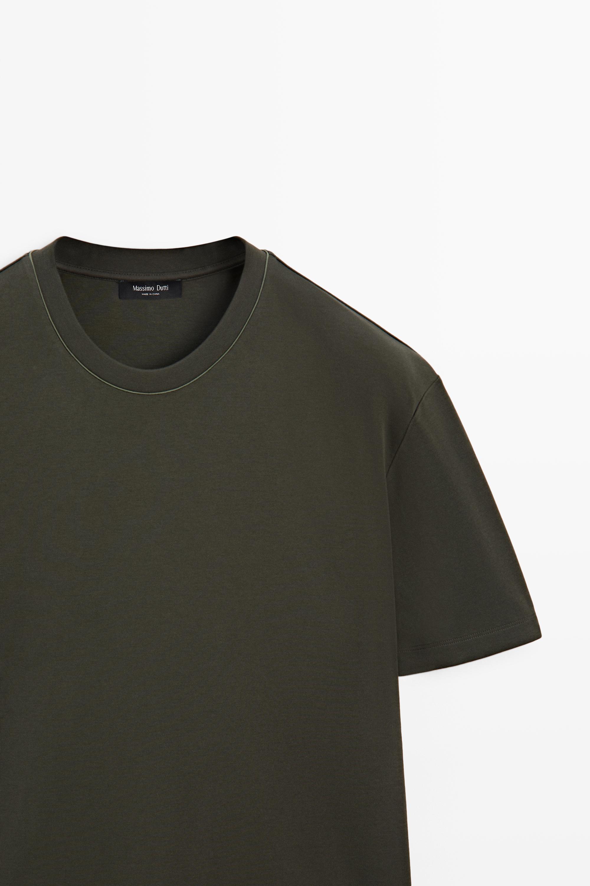Contrast neck short sleeve T-shirt — DARK KHAKI