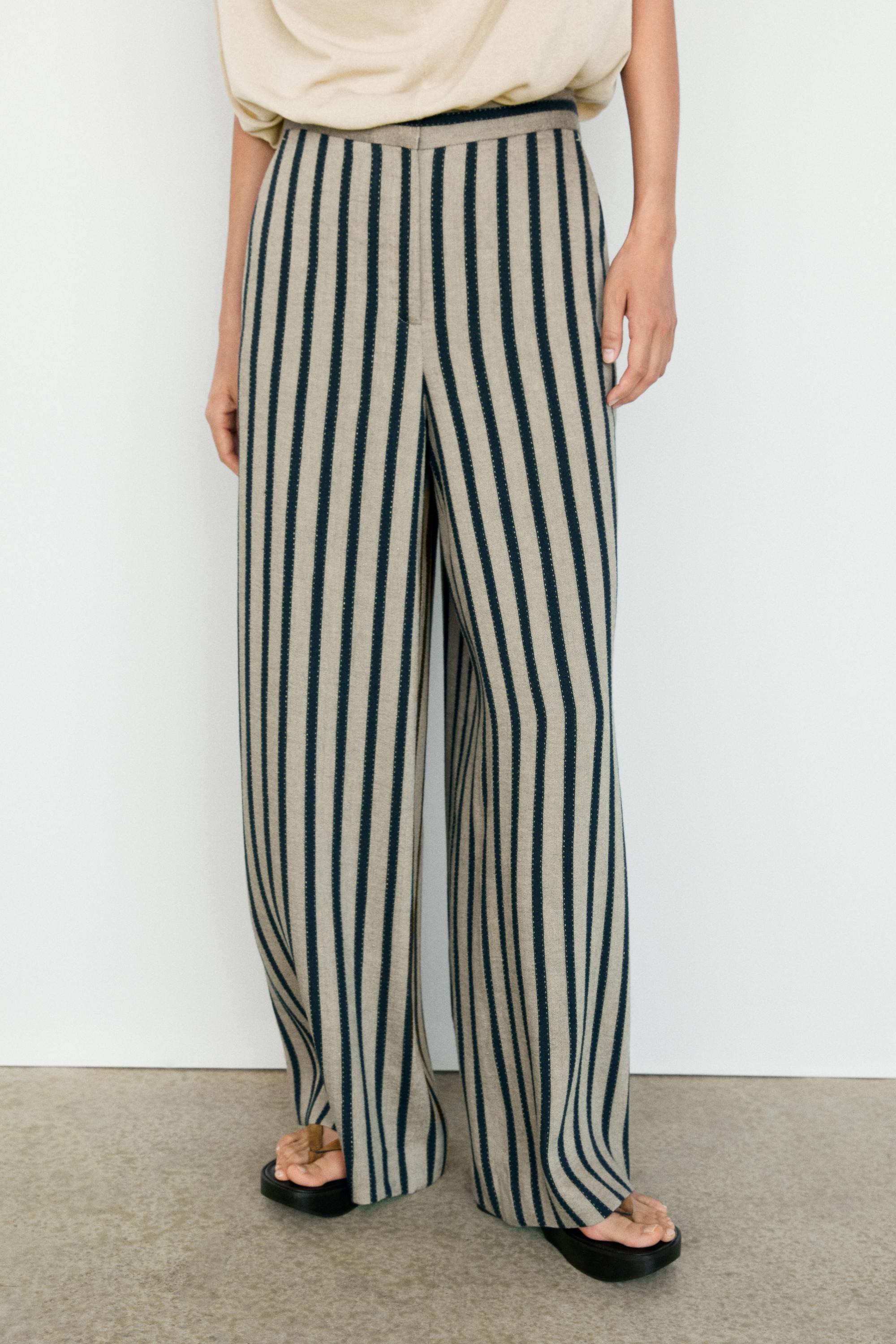 Striped linen blend wide-leg trousers — SAND