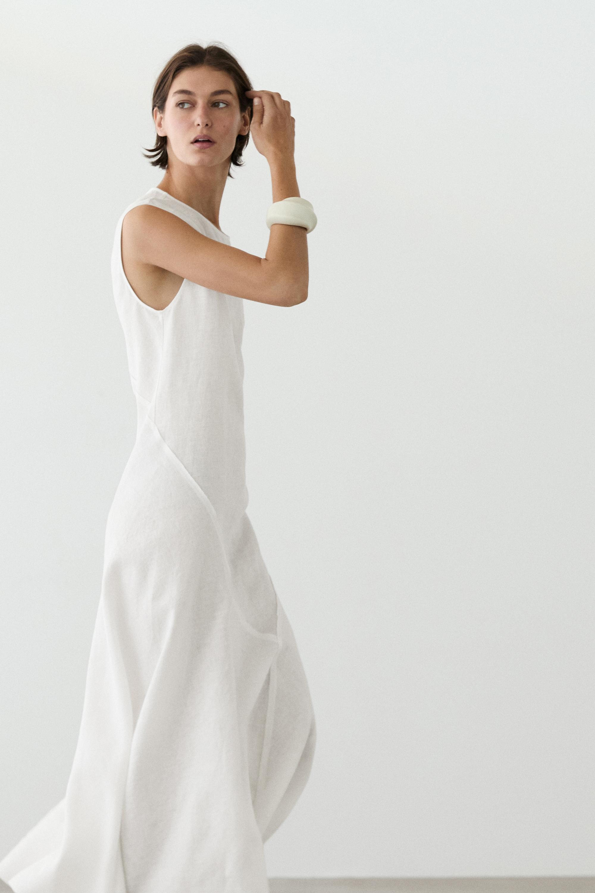 Flowing 100% linen midi dress  White  Dress | Massimo Dutti