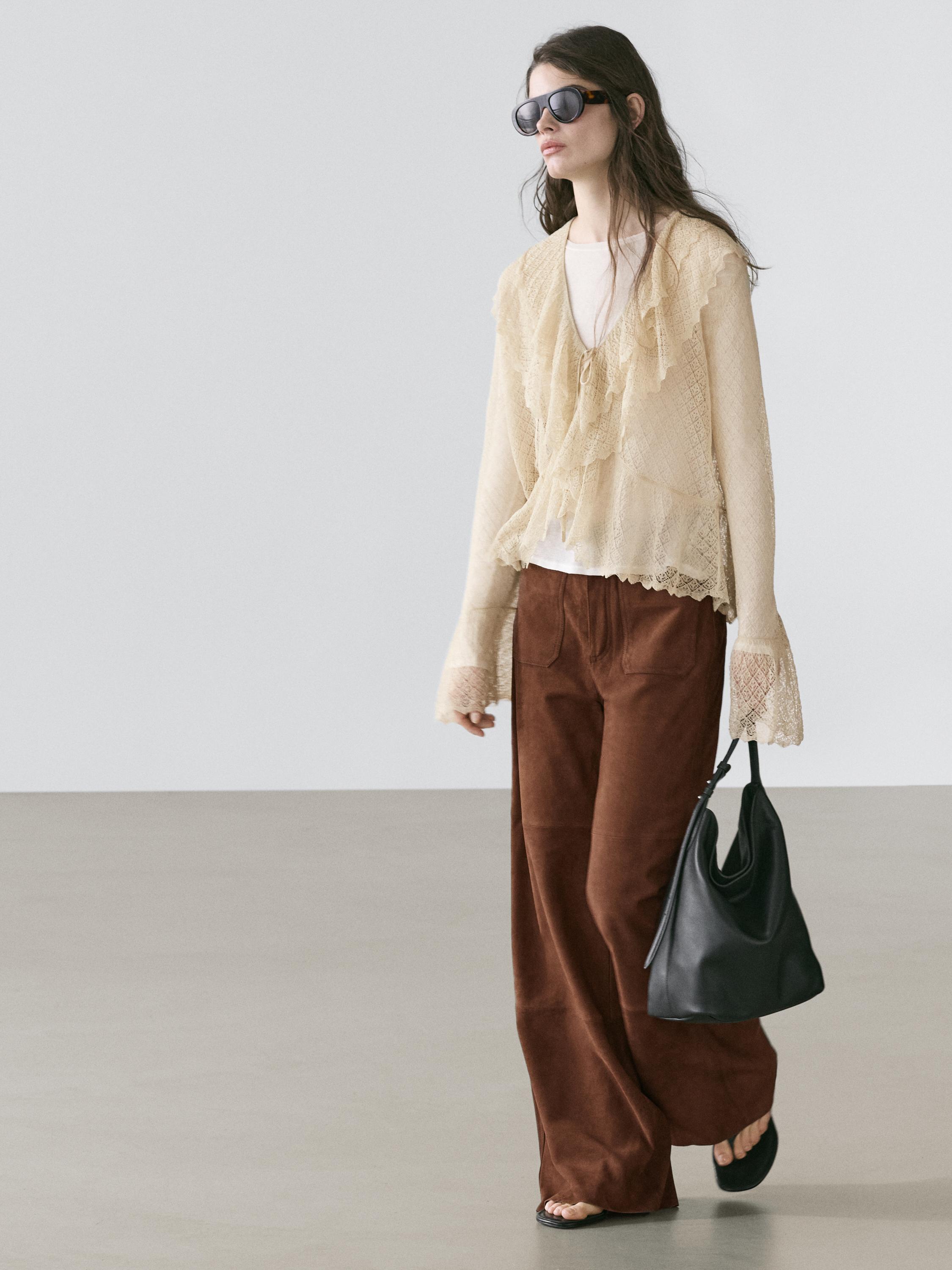 Linen blend cardigan with ruffle details