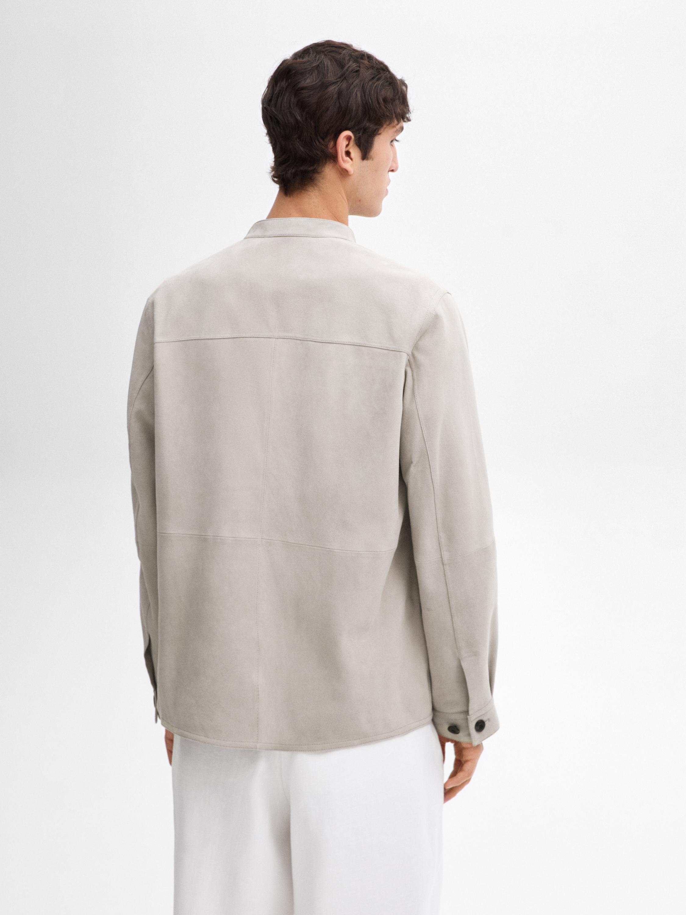 Suede leather shirt with stand collar