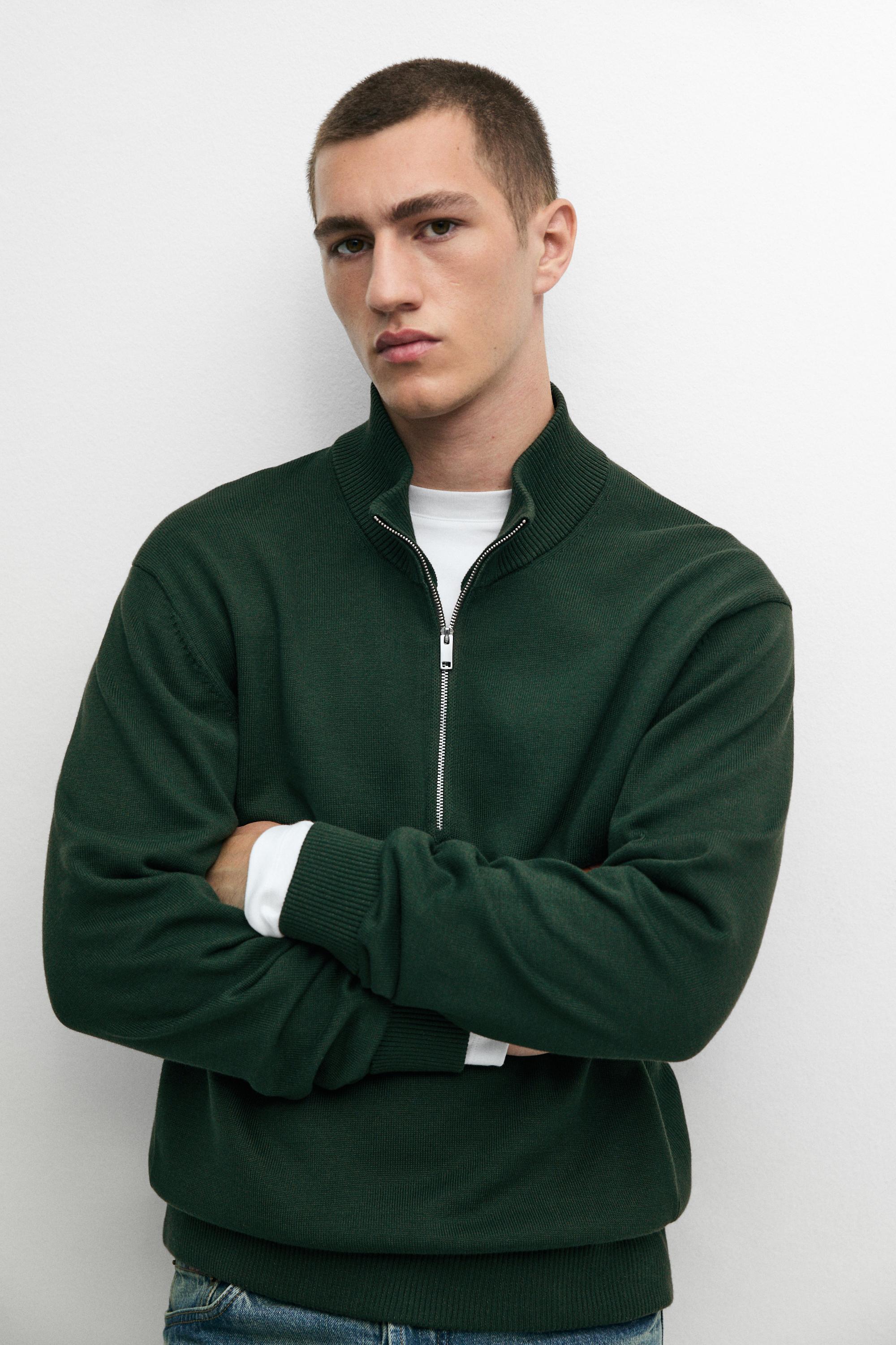 Mock neck zip knit sweater — KHAKI