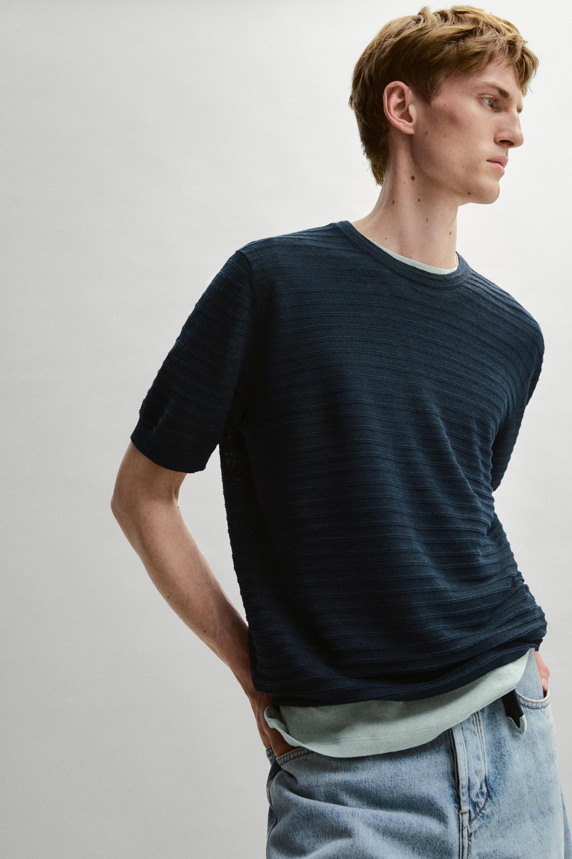 100% linen short sleeve knit sweater — NAVY BLUE